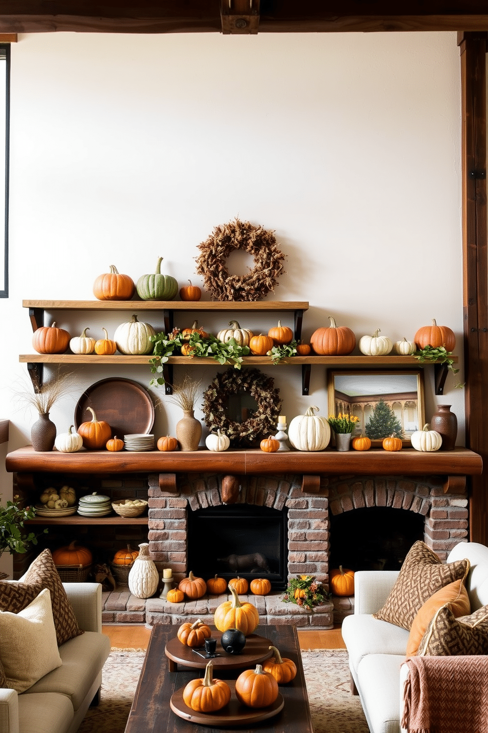 A cozy loft decorated for Thanksgiving, featuring gourd accents on shelves and mantels. The warm autumn colors of the gourds complement the rustic wooden beams and soft textiles throughout the space. The shelves are adorned with a variety of gourds in different shapes and sizes, creating a festive atmosphere. Soft lighting highlights the textures of the gourds, enhancing the inviting feel of the loft.