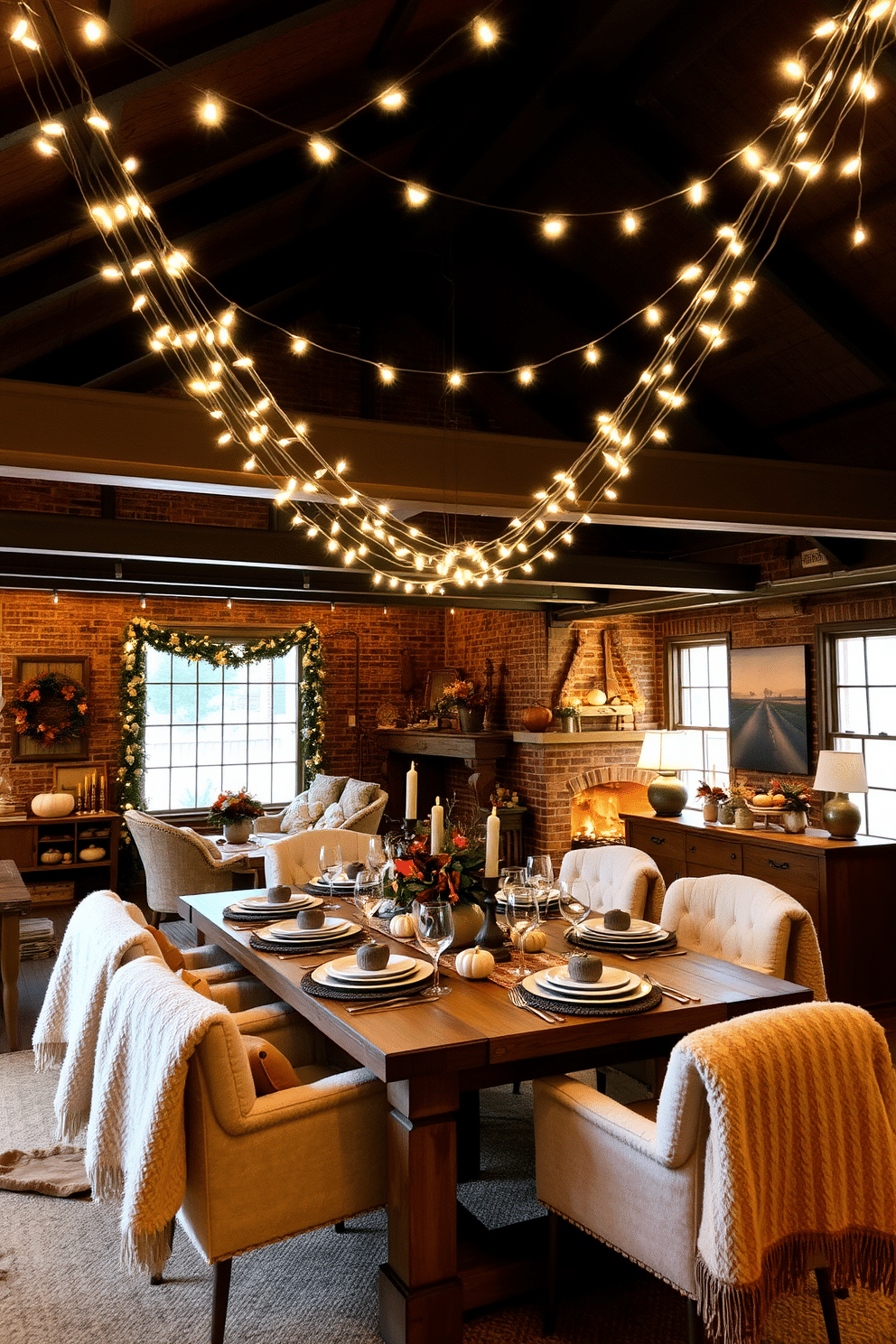 A cozy loft space decorated for Thanksgiving features string lights draped across the ceiling, casting a warm and inviting glow throughout the room. A large wooden dining table is set with autumn-themed tableware, surrounded by plush chairs adorned with soft throw blankets.