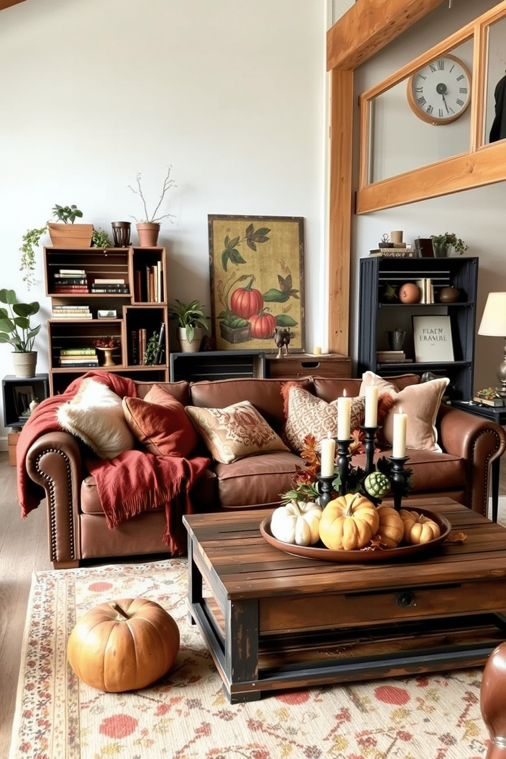 A cozy living room featuring vintage crates as unique storage solutions. The crates are stacked in a creative arrangement, displaying books, plants, and decorative items, adding character to the space. A festive loft decorated for Thanksgiving with warm autumn colors. Plush cushions and throws in earthy tones are scattered on a rustic sofa, while a centerpiece of pumpkins and candles adorns the coffee table.