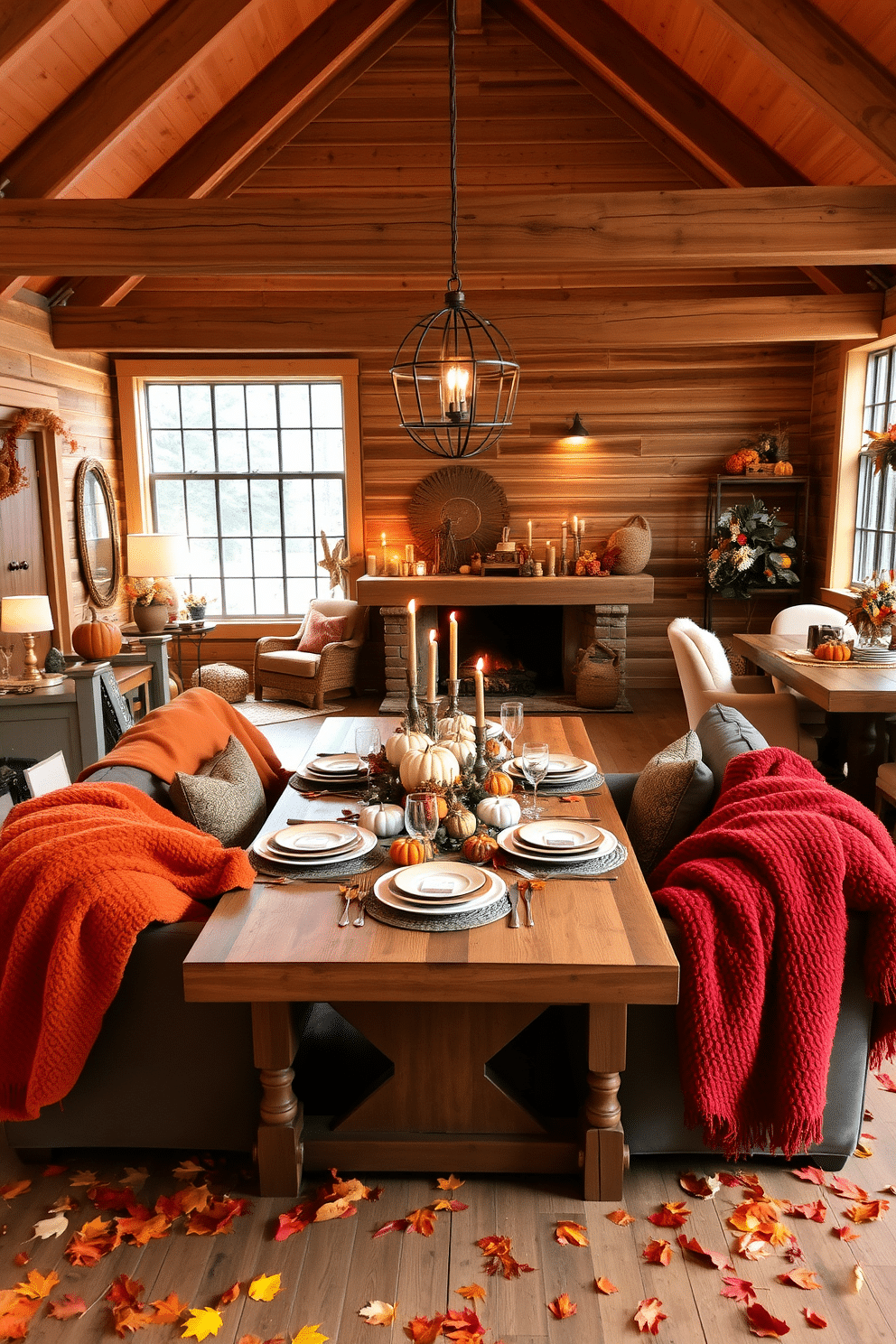 A cozy loft decorated for Thanksgiving, featuring warm tones and rustic elements. Autumn leaves are scattered across wooden surfaces, creating a seasonal ambiance. The space includes a large dining table set for a festive meal, adorned with a centerpiece of pumpkins and candles. Plush throw blankets in rich colors are draped over the furniture, inviting comfort and warmth.