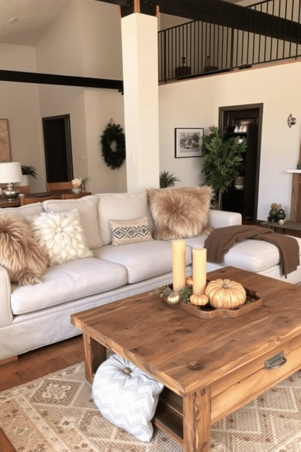 A cozy loft decorated for Thanksgiving features a large sectional sofa adorned with plush faux fur pillows that add warmth and texture to the space. The walls are painted in a soft cream color, and a rustic wooden coffee table sits in front, topped with seasonal decorations like pumpkins and candles.