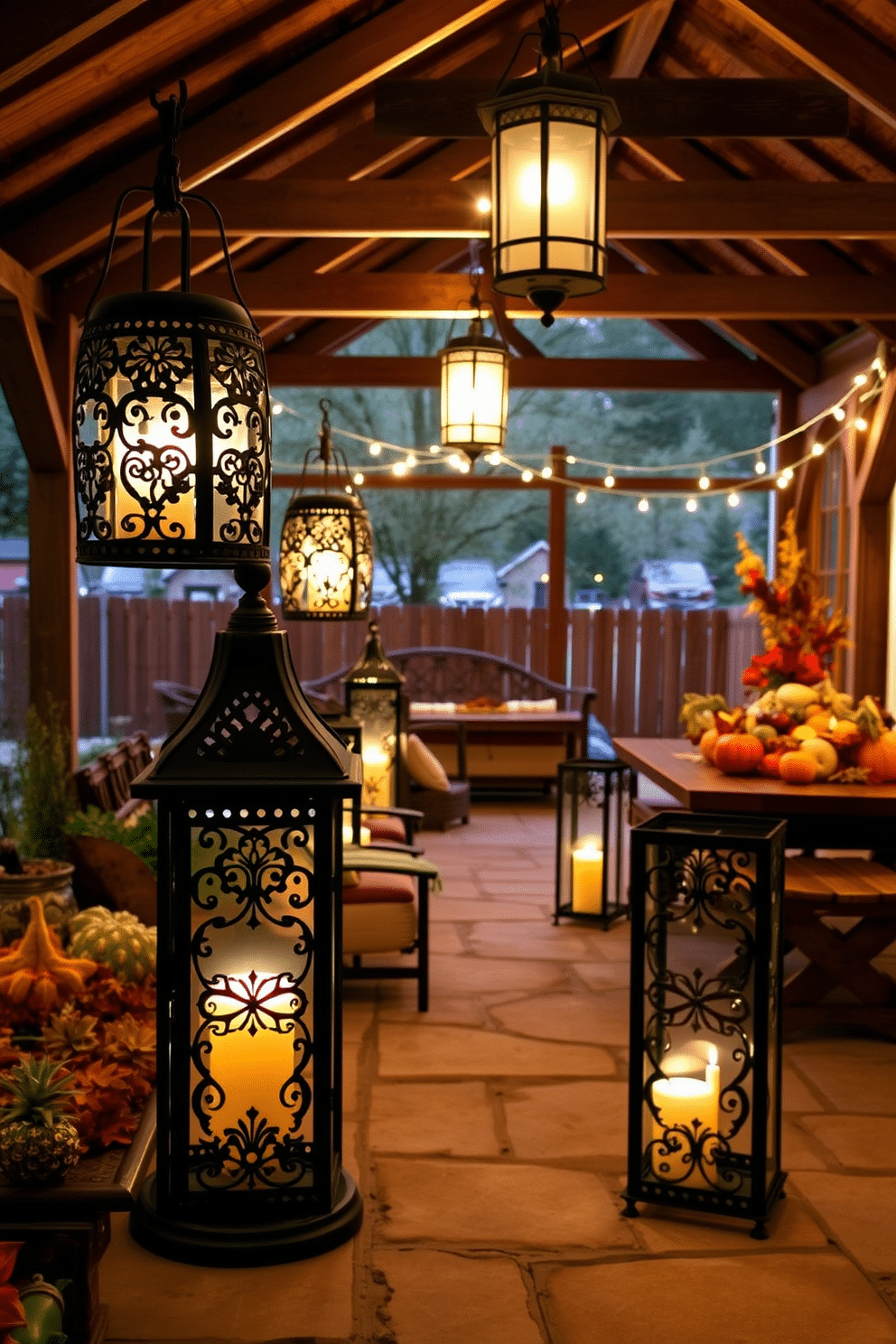 Decorative lanterns for outdoor areas. The lanterns are made of wrought iron with intricate cut-out designs, casting beautiful shadows on the patio. Soft, warm LED lights are inside each lantern, creating a cozy ambiance for evening gatherings. They are arranged along a stone pathway, leading to a seating area with comfortable cushions and a rustic wooden table. Thanksgiving Loft Decorating Ideas. The loft features a large harvest table adorned with a bountiful centerpiece of seasonal fruits and autumn leaves. Soft, warm lighting hangs from exposed beams, illuminating the space and creating a welcoming atmosphere for family gatherings.