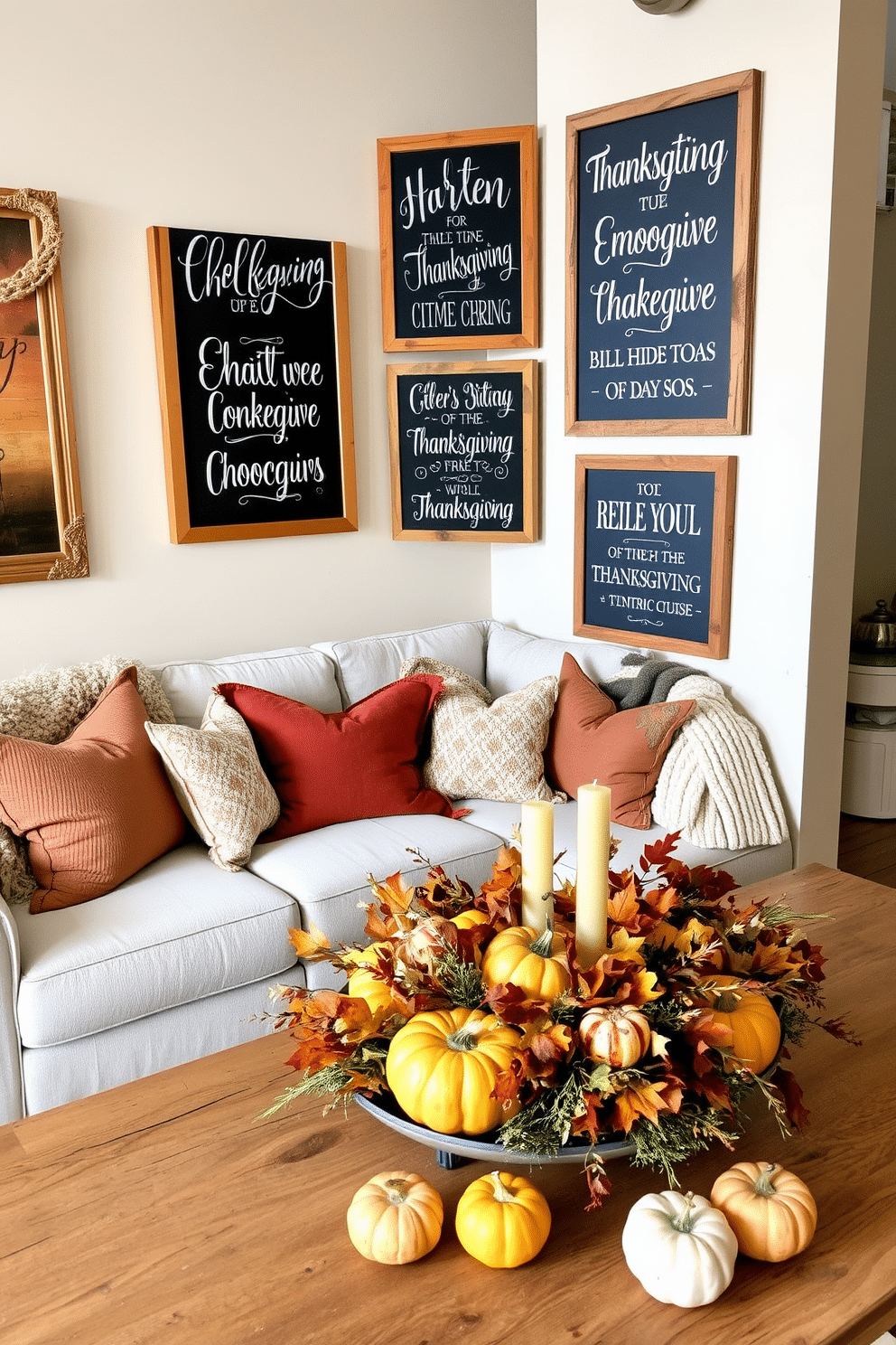 Chalkboard signs adorned with warm Thanksgiving quotes create a cozy and inviting atmosphere. These signs are framed in rustic wood and strategically placed around the loft to enhance the festive spirit. The loft is decorated with rich autumn colors, featuring plush throw pillows and soft blankets on a neutral sofa. A large harvest-themed centerpiece sits on the dining table, surrounded by seasonal decorations like mini pumpkins and candles.