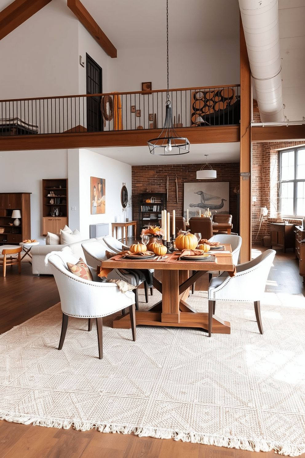 Layered rugs create a cozy and inviting atmosphere in a spacious loft. The base rug is a large neutral-toned piece, while a smaller, patterned rug adds visual interest and texture on top. For Thanksgiving, the loft is adorned with warm autumn colors and natural elements. A rustic wooden dining table is set with seasonal decorations, including pumpkins, candles, and a rich tablecloth.