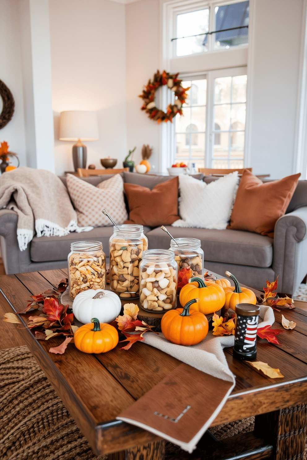 A cozy loft decorated for Thanksgiving. Glass jars filled with seasonal treats are arranged on a rustic wooden table, surrounded by autumn leaves and small pumpkins. The warm tones of the decor create an inviting atmosphere. Soft blankets and plush cushions are scattered on a stylish sofa, enhancing the festive feel of the space.