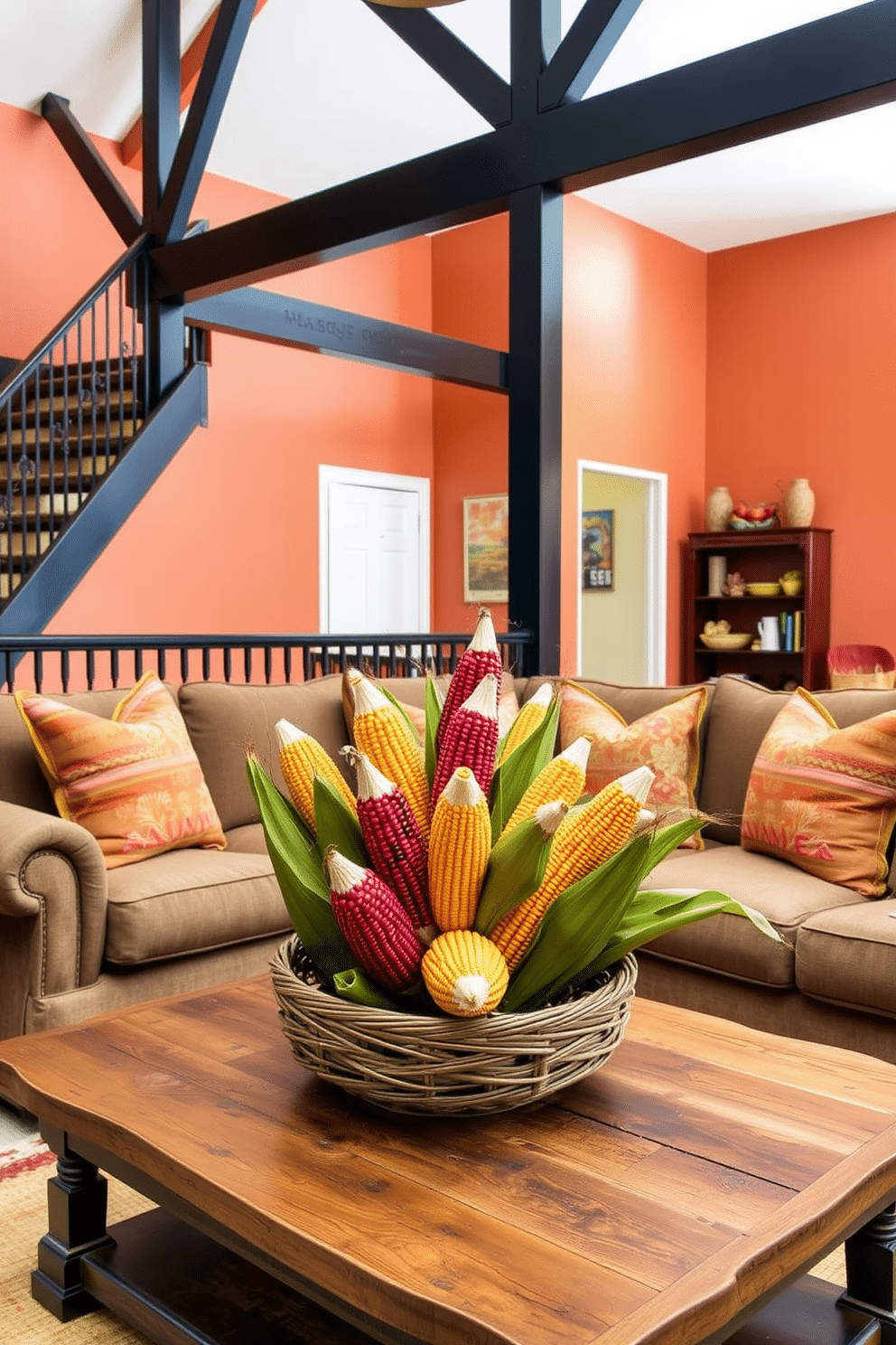 A cozy loft space adorned with colorful corn husks as decor accents. The vibrant hues of the corn husks are artfully arranged in a rustic basket placed on a wooden coffee table. The walls are painted in warm earth tones, creating a welcoming atmosphere. Plush throw pillows in autumn colors are scattered across a comfortable sectional sofa, inviting relaxation.