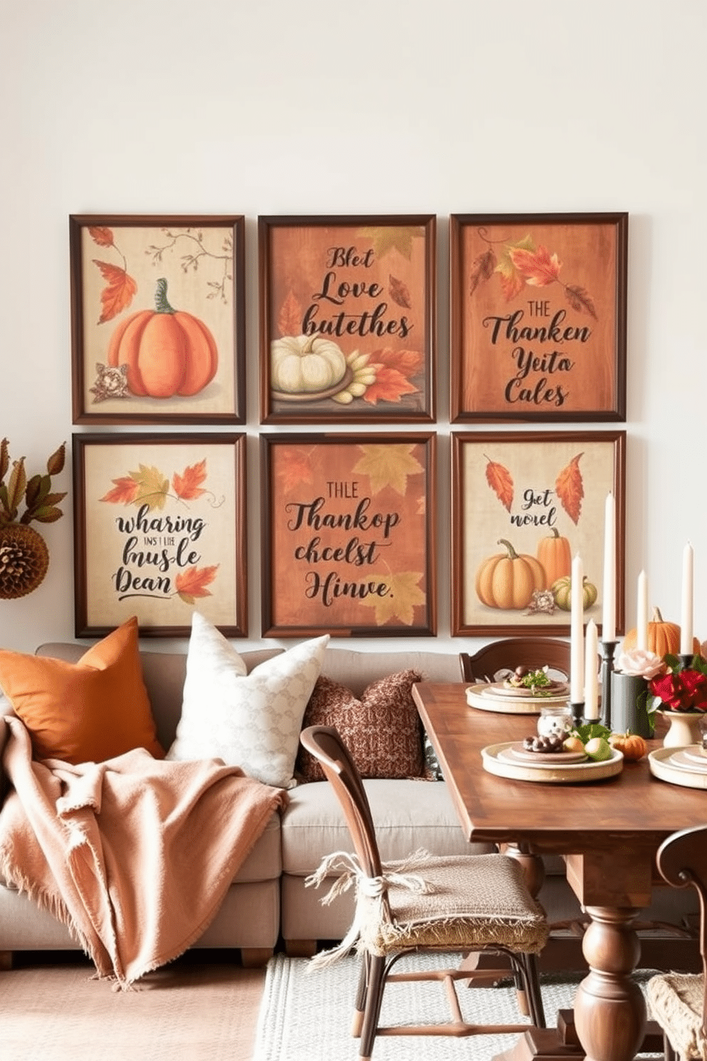 Thanksgiving themed wall art displays featuring warm autumn colors and rustic elements. The artwork includes pumpkins, leaves, and festive quotes framed in wooden frames, creating a cozy atmosphere. Thanksgiving loft decorating ideas incorporating a mix of vintage and modern styles. Soft throw blankets and pillows in earthy tones are arranged on a comfortable sofa, while a wooden dining table is set with seasonal centerpieces and candles.