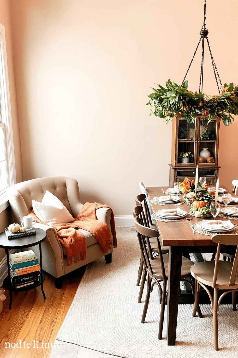 Cozy reading nook with fall books. A plush armchair is positioned near a window, adorned with soft throw pillows and a warm blanket. A small side table holds a steaming cup of tea and a stack of colorful fall-themed books. The walls are painted in a warm beige tone, and a soft area rug lies beneath the chair, adding comfort to the space. Thanksgiving loft decorating ideas. A long wooden dining table is set with elegant tableware, surrounded by mismatched chairs that add character. Above the table, a rustic chandelier hangs, adorned with seasonal greenery and twinkling lights, creating a warm and inviting atmosphere.