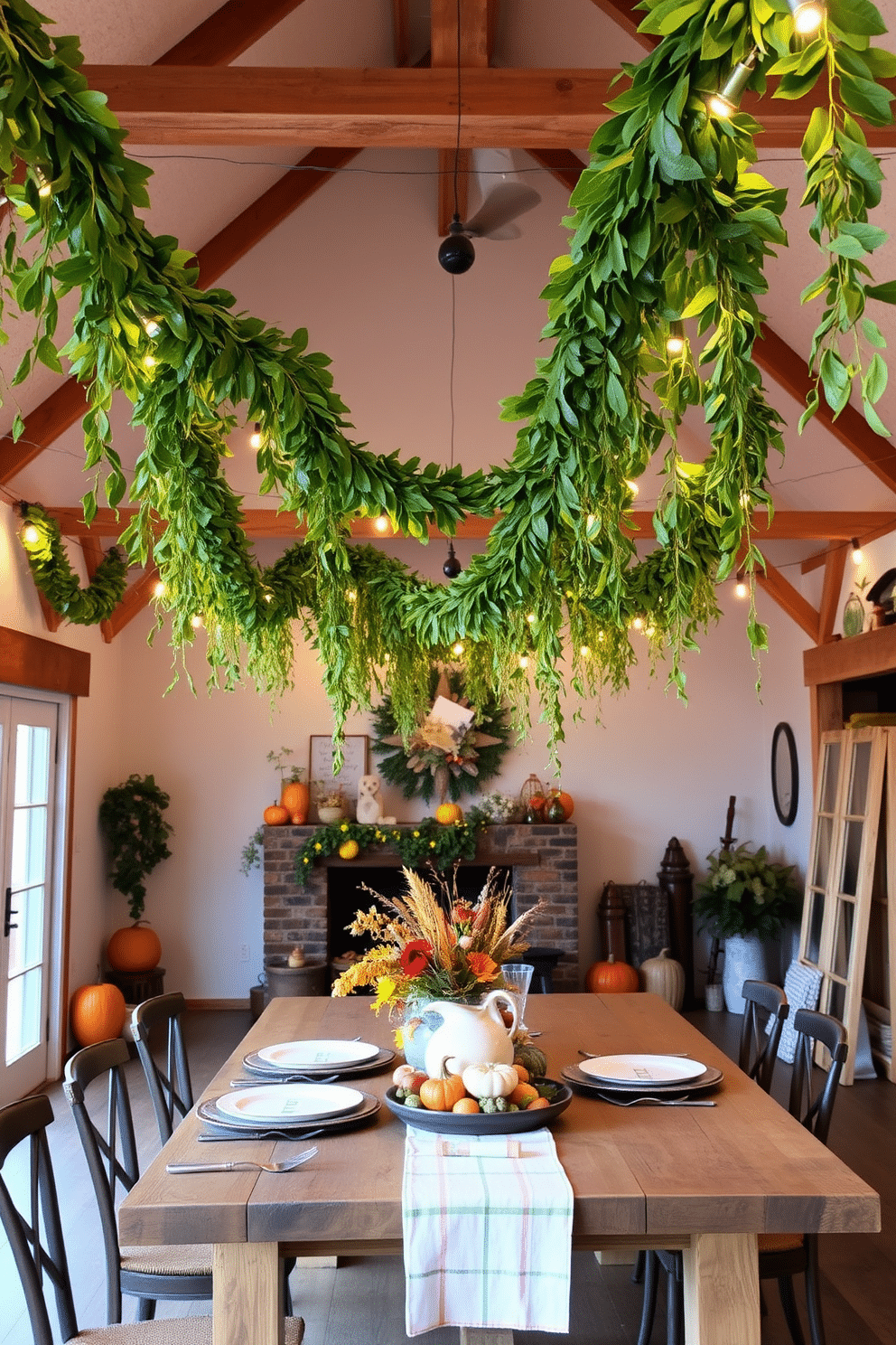 A cozy loft decorated for Thanksgiving. Hanging garlands made of lush green leaves drape elegantly from the ceiling, creating a warm and inviting atmosphere. Soft, ambient lighting from string lights enhances the festive feel. A rustic wooden table is set with autumn-themed centerpieces and seasonal decor, inviting guests to gather and celebrate.