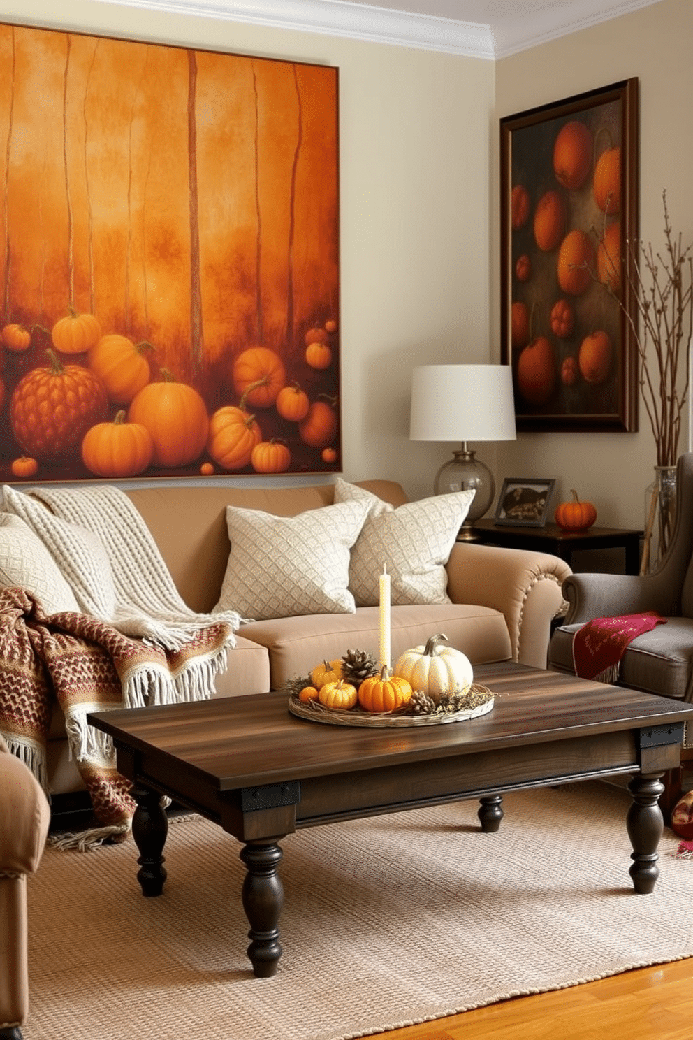 A cozy living room setting. Textured blankets are draped over a plush sofa and a vintage armchair, adding warmth and comfort to the space. The walls are adorned with autumn-themed artwork, featuring rich oranges and deep browns. A rustic coffee table holds a centerpiece of seasonal decorations, including small pumpkins and candles.