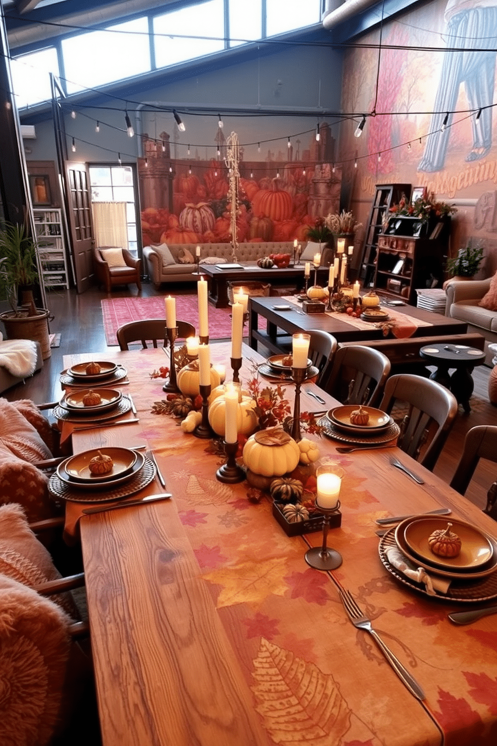 A stunning seasonal table setting featuring a rustic wooden table adorned with a vibrant autumn-themed tablecloth. Unique dishes in earthy tones are artfully arranged, complemented by decorative pumpkin centerpieces and flickering candlelight. A cozy loft decorated for Thanksgiving with warm, inviting colors and plush textures. The space is accented with string lights, a large harvest-themed mural, and an oversized dining table surrounded by comfortable seating.