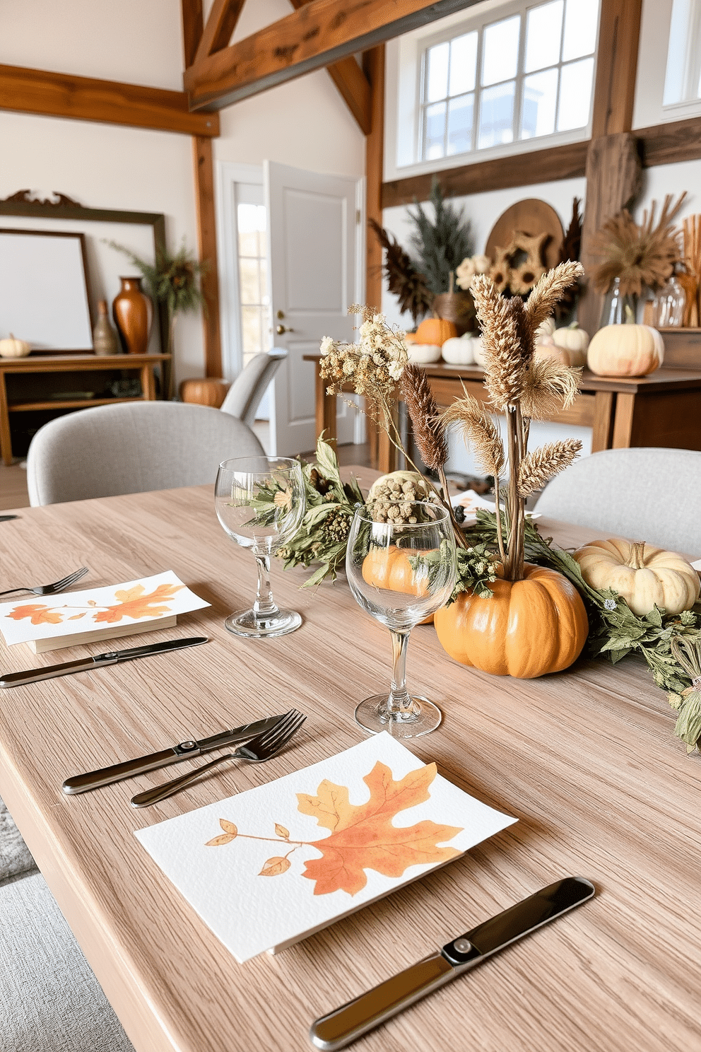 Craft paper place settings for guests. Each setting features a unique hand-drawn design with warm autumn colors and natural textures. Thanksgiving loft decorating ideas. The space is adorned with rustic wooden accents, soft lighting, and seasonal centerpieces made of pumpkins and dried flowers.