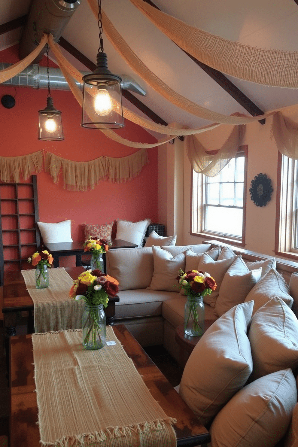 A cozy loft space adorned with burlap accents to enhance its rustic charm. The walls are painted in warm earth tones, and burlap table runners drape over wooden tables, complemented by mason jar centerpieces filled with seasonal flowers. Soft lighting from vintage-style pendant lamps creates an inviting atmosphere. Plush throw pillows in natural fabrics are scattered across a comfortable sectional sofa, inviting guests to relax and enjoy the festive ambiance.