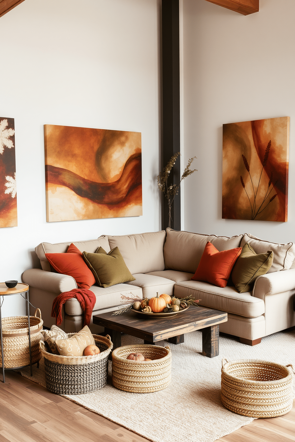 A cozy loft space adorned with earthy tones in the artwork and decor. The walls are decorated with large canvas paintings featuring warm browns and deep greens, creating a harmonious atmosphere. A plush sectional sofa in a muted beige sits in the center, accented by throw pillows in various shades of terracotta and olive. A rustic wooden coffee table complements the space, surrounded by woven baskets filled with seasonal decorations.