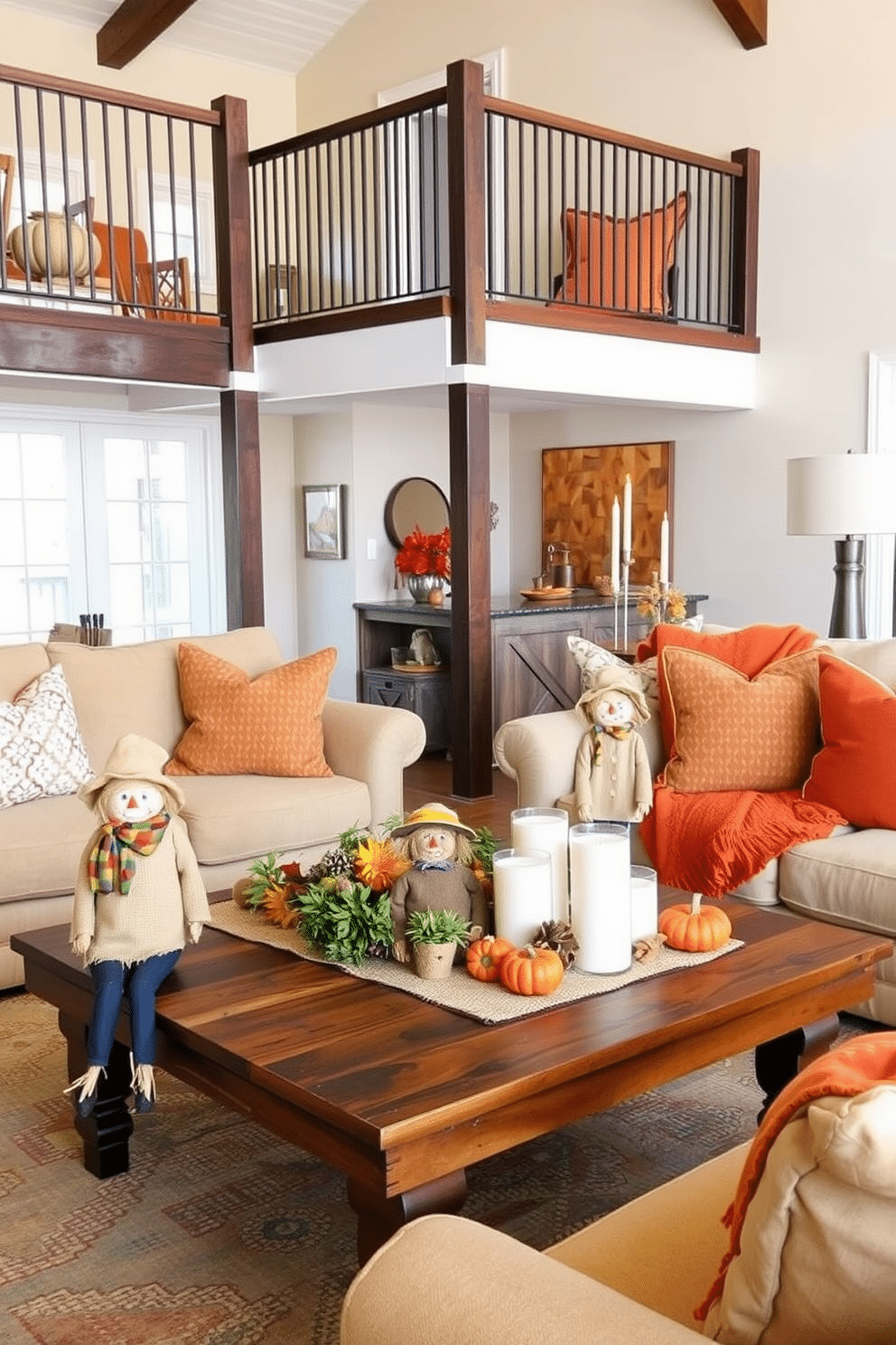 Miniature scarecrows are placed throughout the living area, adding a whimsical touch to the festive decor. These cheerful figures are crafted from natural materials, featuring burlap hats and colorful outfits that bring a playful spirit to the Thanksgiving celebration. In the loft, warm autumn colors are used to create a cozy atmosphere. Soft throw pillows and blankets in rich oranges and browns are arranged on the furniture, while a rustic wooden table is adorned with seasonal centerpieces and candles.