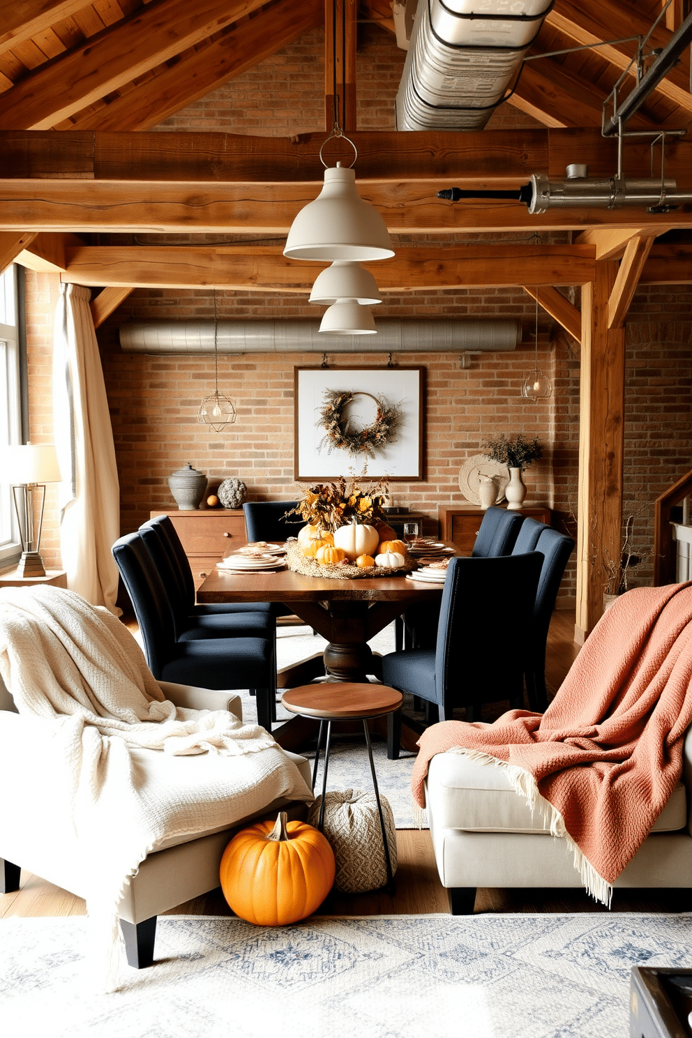 A warm and inviting loft space decorated for Thanksgiving. The room features natural wood elements such as exposed beams and a rustic wooden dining table surrounded by comfortable upholstered chairs. Autumn-inspired decor adorns the table, including a centerpiece of pumpkins and seasonal foliage. Soft, ambient lighting from pendant fixtures creates a cozy atmosphere, complemented by plush throw blankets draped over the furniture.