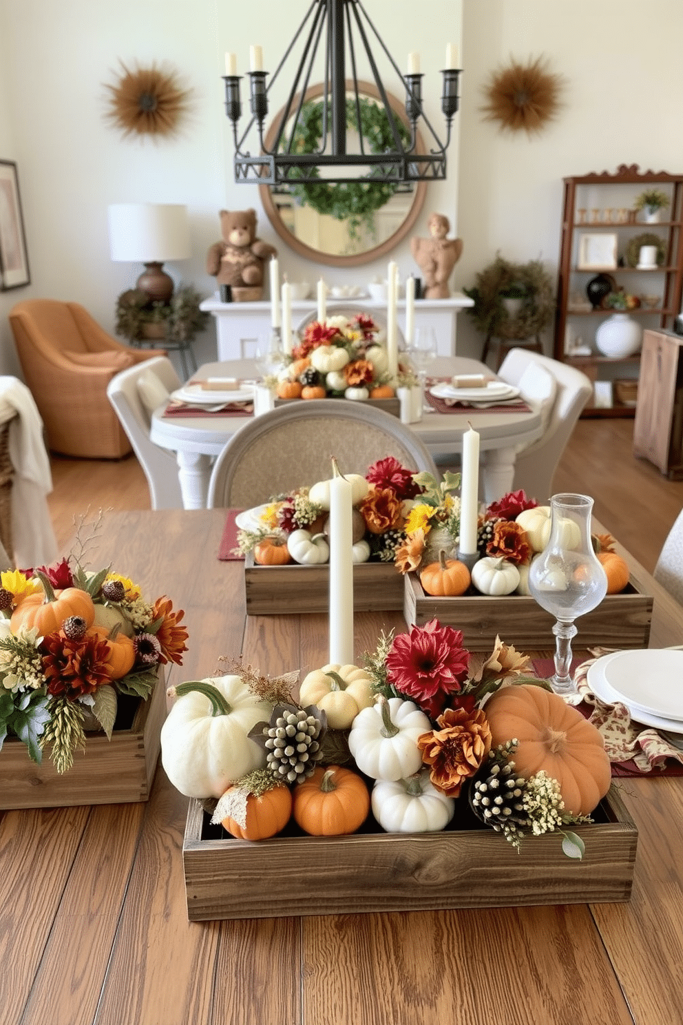 A collection of harvest-themed centerpieces for a dining table. Each centerpiece features an assortment of pumpkins, gourds, and seasonal flowers arranged in rustic wooden boxes. A cozy loft decorated for Thanksgiving. The space is filled with warm colors, soft textiles, and elegant table settings that invite family and friends to gather.