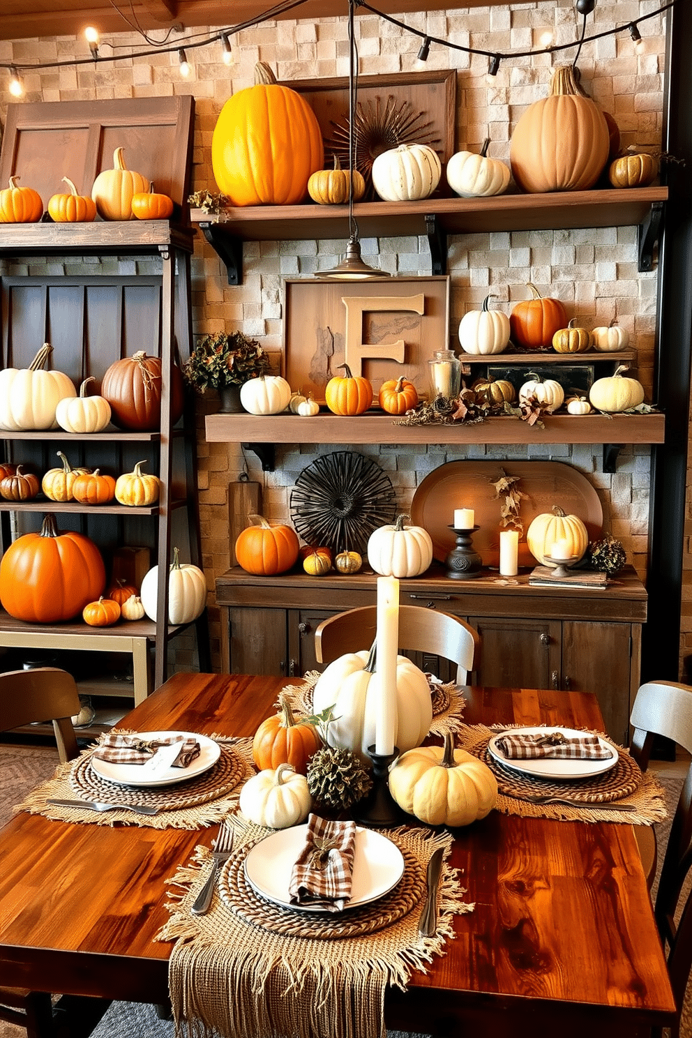 Create a warm and inviting Thanksgiving loft setting. Incorporate pumpkin displays in various sizes, arranged artfully on rustic wooden shelves and a cozy dining table. Use a mix of natural textures, such as burlap table runners and woven placemats. Add warm lighting with string lights and candles to enhance the festive atmosphere.