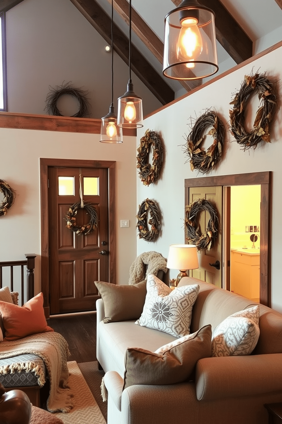 A cozy loft adorned with rustic wreaths on the doors and walls creates a warm and inviting atmosphere. The wreaths are made of natural materials like twigs and dried leaves, showcasing autumn colors that celebrate the Thanksgiving season. Plush seating arrangements with soft throws and pillows invite relaxation and conversation. Warm lighting from pendant fixtures enhances the rustic charm, making the space perfect for holiday gatherings.