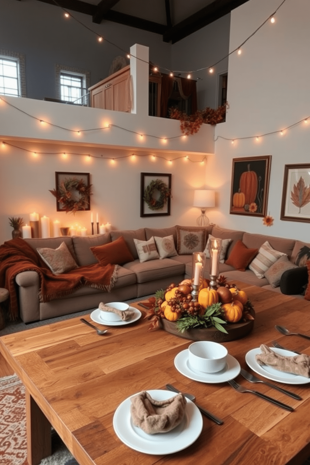 A cozy loft adorned with candles in fall scents creating a warm ambiance. Plush throw blankets and decorative pillows in rich autumn colors are scattered across a large sectional sofa. A rustic wooden dining table is set for Thanksgiving, featuring a centerpiece of seasonal fruits and candles. The walls are decorated with soft string lights and framed autumn-themed artwork, enhancing the festive atmosphere.