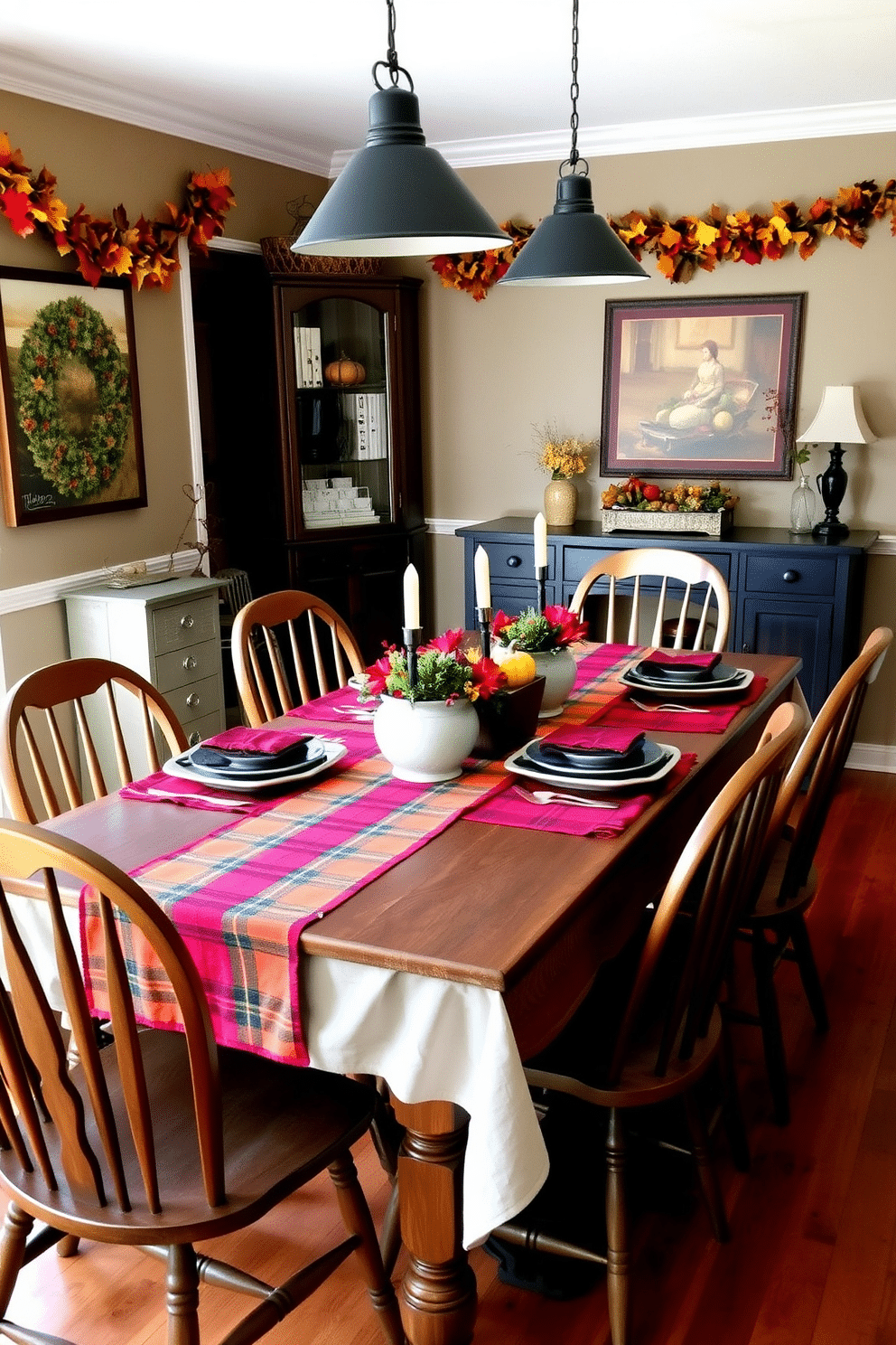 A cozy dining area adorned with plaid table runners in vibrant autumn colors. The table is set with rustic dinnerware and surrounded by mismatched wooden chairs, creating a warm and inviting atmosphere. The walls are decorated with seasonal artwork and a garland of fall leaves. Soft lighting from pendant fixtures enhances the festive ambiance, making it perfect for Thanksgiving gatherings.