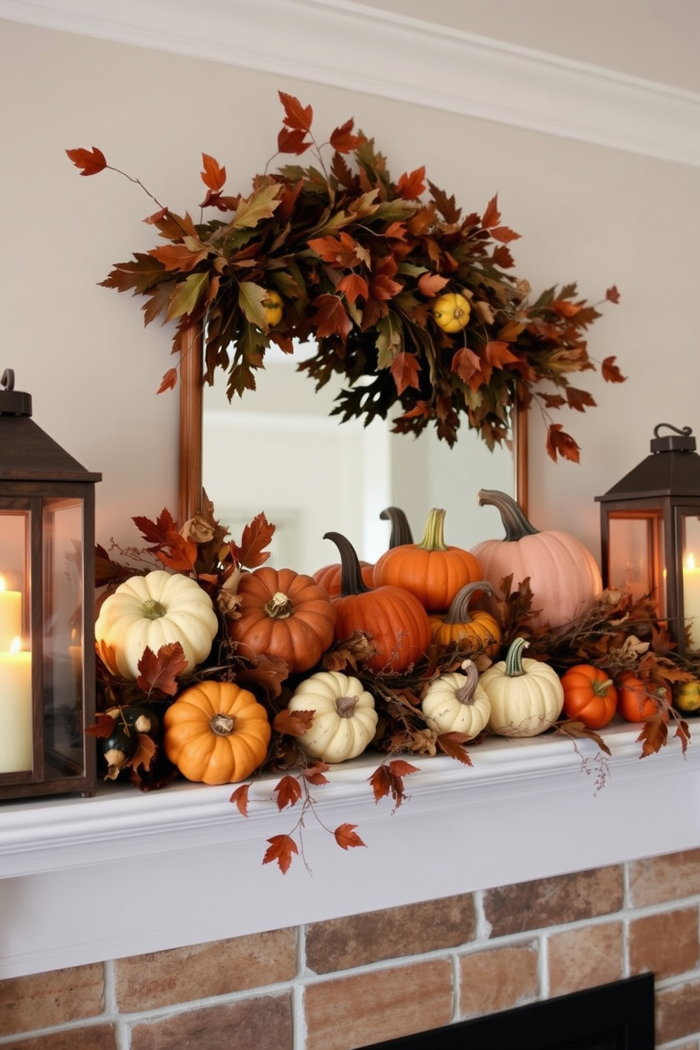 A warm and inviting mantel adorned with natural elements for Thanksgiving. Richly colored pumpkins and gourds of various sizes are artfully arranged, creating a cozy autumn atmosphere. Dried leaves and twigs are interspersed among the pumpkins, adding texture and depth. Soft, golden candlelight flickers from rustic lanterns placed on either end of the mantel, enhancing the seasonal charm.