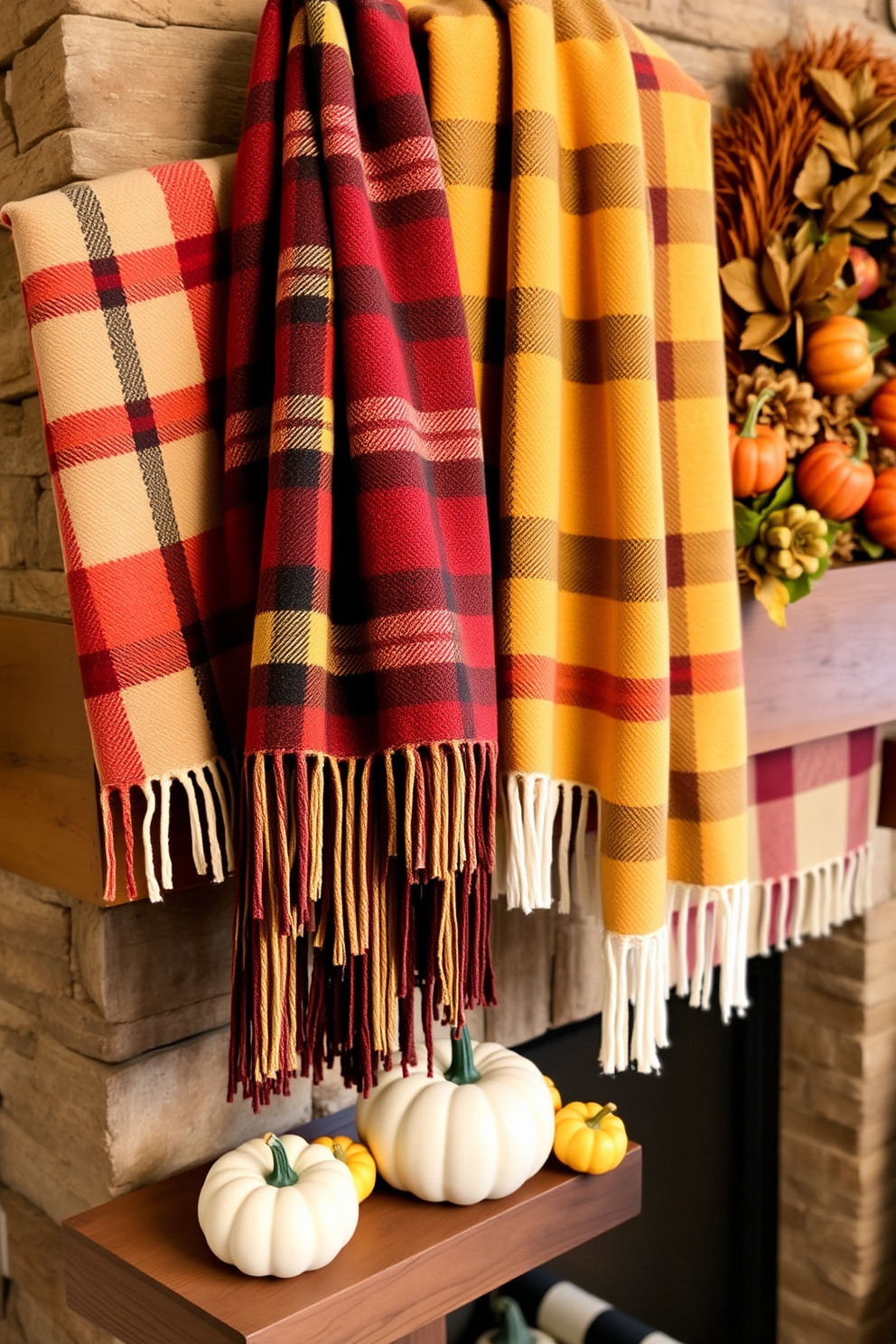 A warm and inviting Thanksgiving mantel adorned with plaid throws in rich autumn colors. The throws are artfully draped over a rustic wooden mantel, complemented by seasonal decor such as small pumpkins and candles.