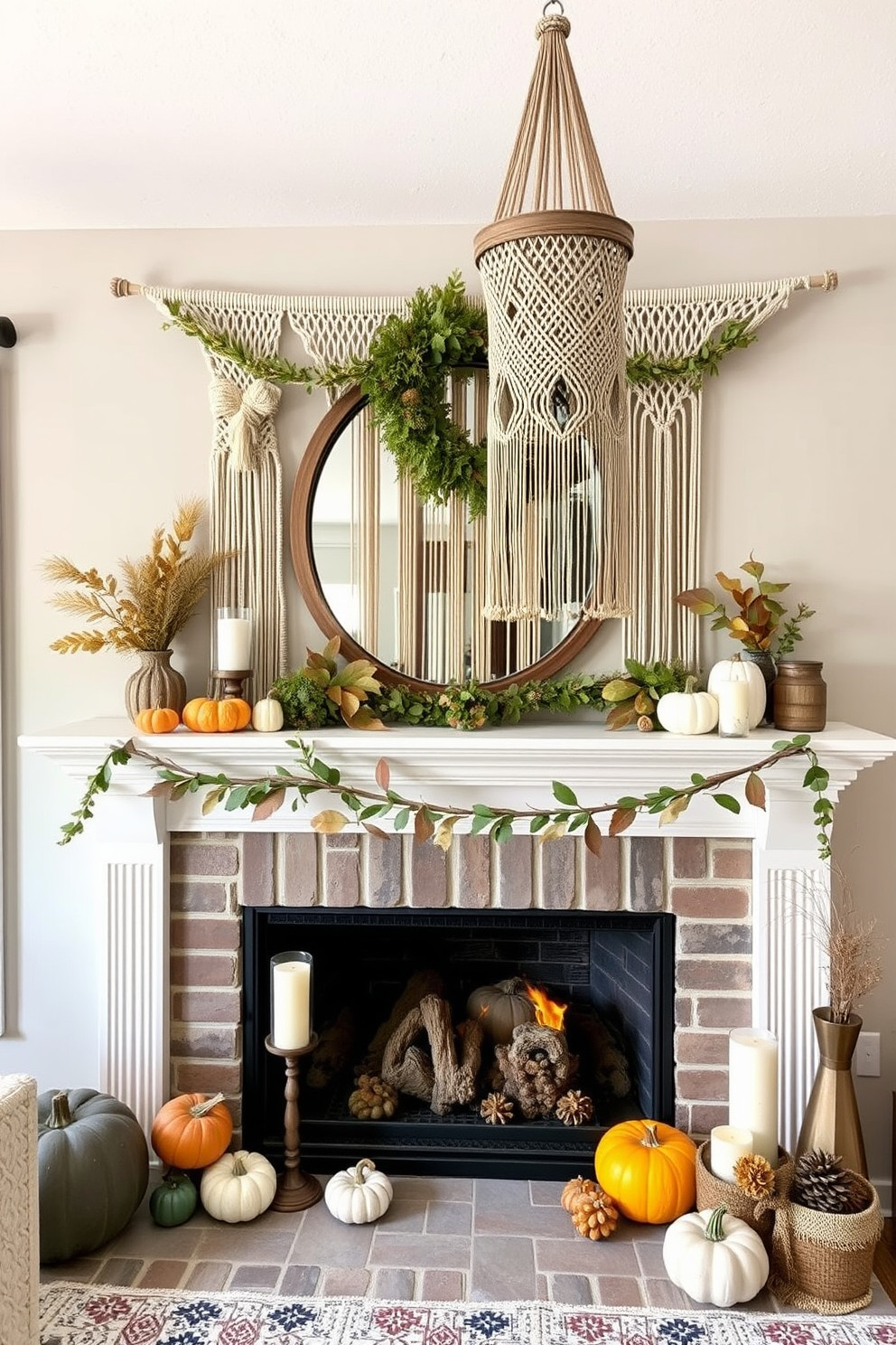 A cozy Thanksgiving mantel adorned with macrame hangings that bring a boho flair to the space. The mantel features a mix of seasonal decorations including pumpkins, candles, and earthy tones that complement the macrame textures.