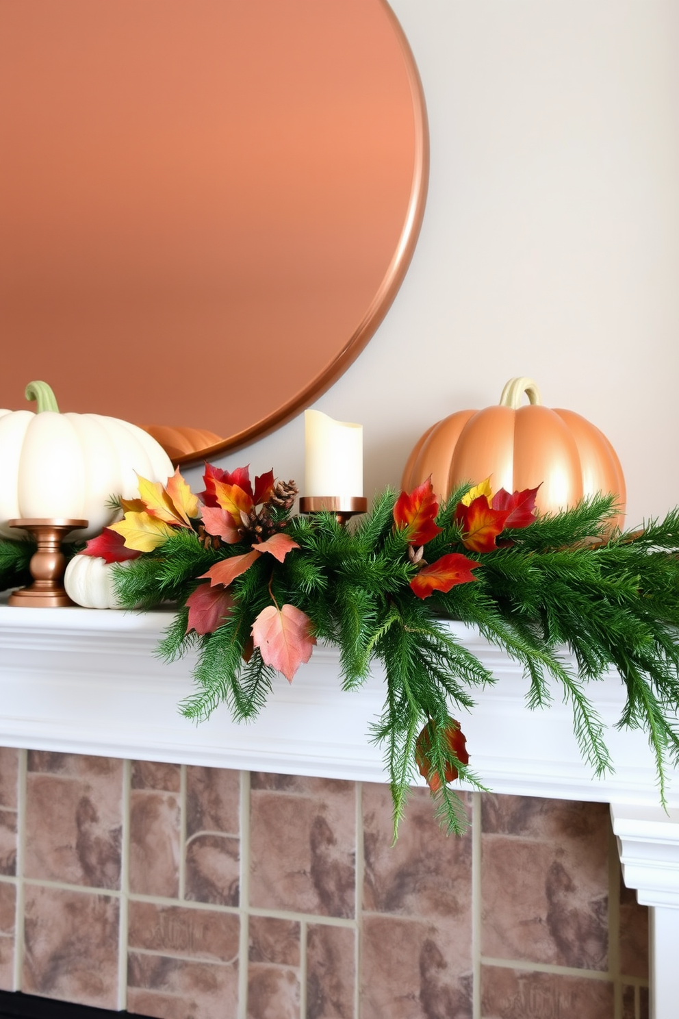 A cozy Thanksgiving mantel adorned with copper accents and lush greenery. The rich hues of the copper complement the vibrant greens of the garland, creating a warm and inviting atmosphere. Draped across the mantel is a mix of evergreen branches and colorful fall leaves. Strategically placed candles in copper holders add a soft glow, enhancing the festive spirit of the season.