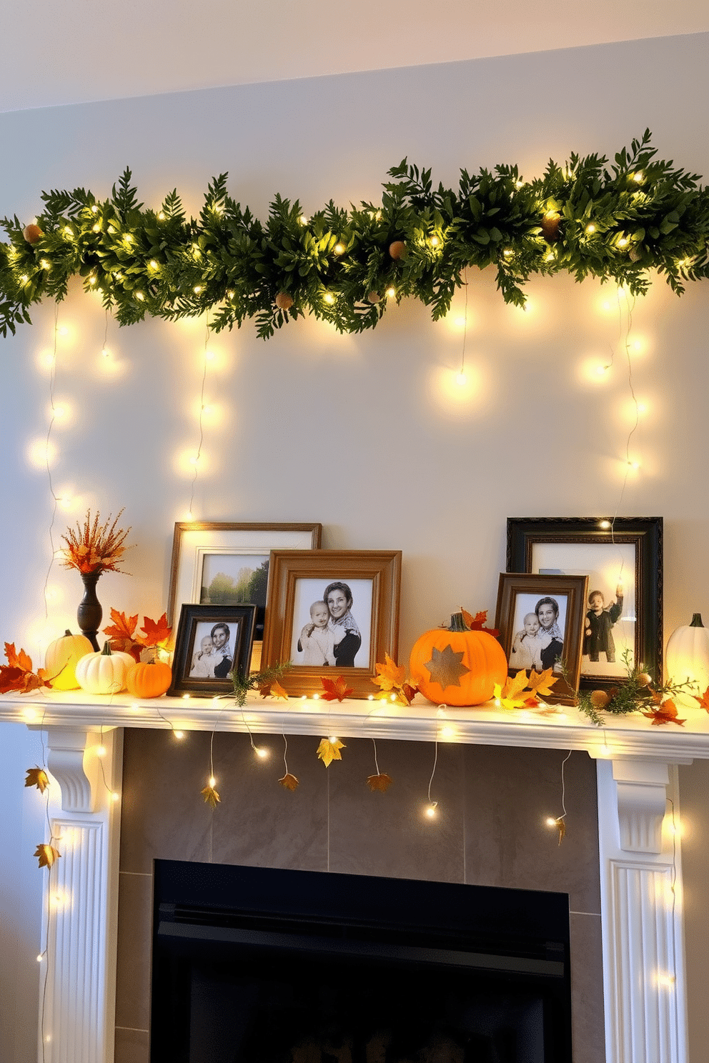 A cozy Thanksgiving mantel adorned with twinkling fairy lights creates a warm and inviting atmosphere. The lights are delicately draped across the mantel, highlighting seasonal decorations like pumpkins and autumn leaves. A collection of family photos in rustic frames adds a personal touch to the display. Above, a garland of greenery intertwines with the lights, enhancing the festive ambiance.