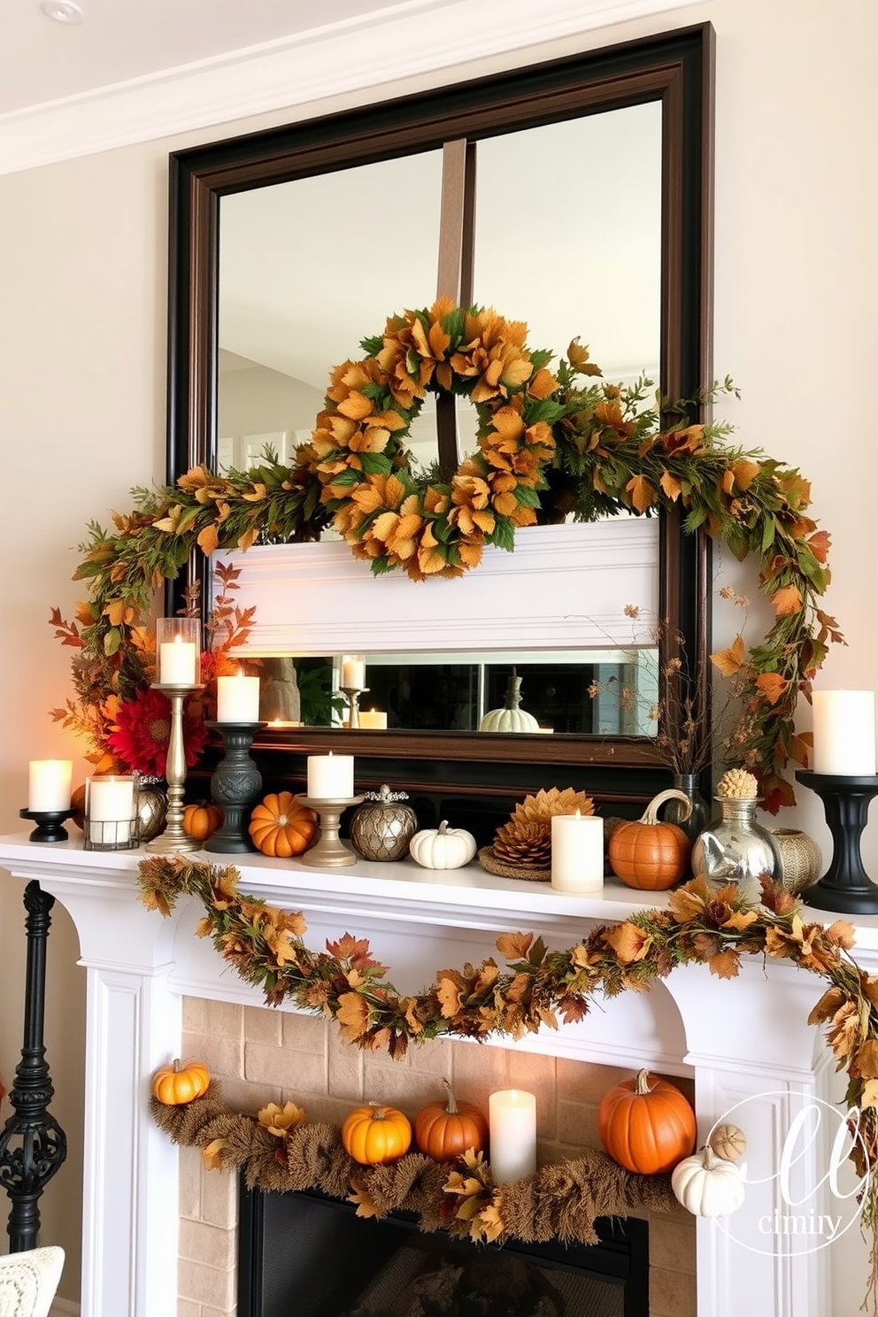 A stunning Thanksgiving mantel adorned with a seasonal wreath as the central feature. The mantel is decorated with an array of autumn-themed accents, including candles, pumpkins, and rustic garlands.