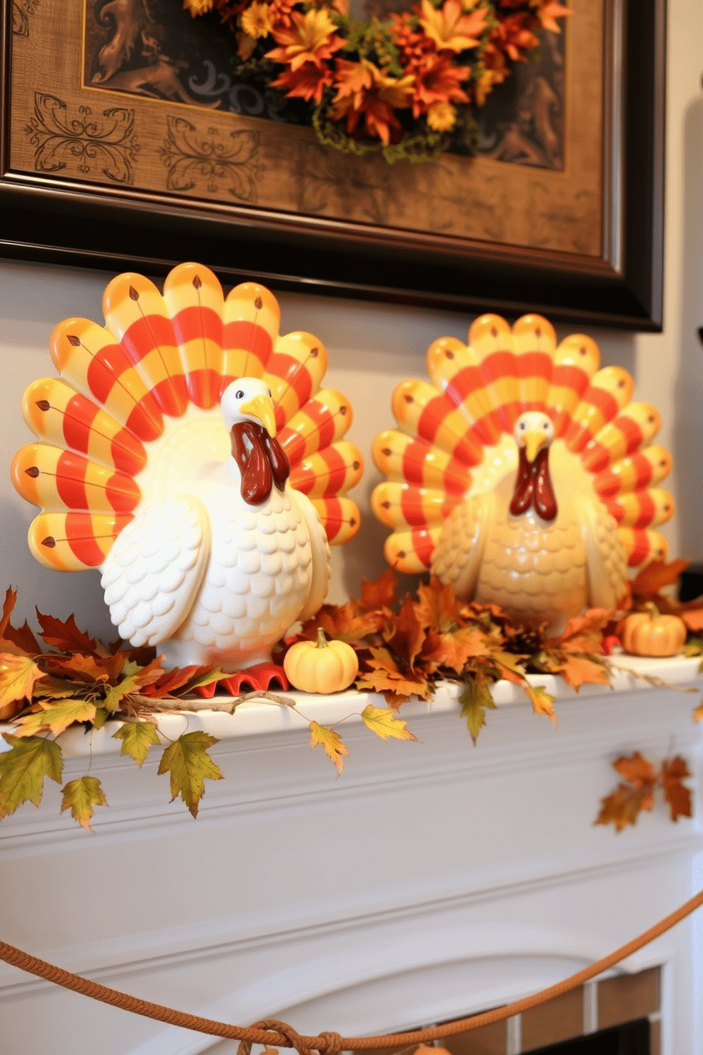 A festive Thanksgiving mantel featuring ceramic turkeys adorned with vibrant colors. The mantel is decorated with autumn leaves and small pumpkins, creating a warm and inviting atmosphere.