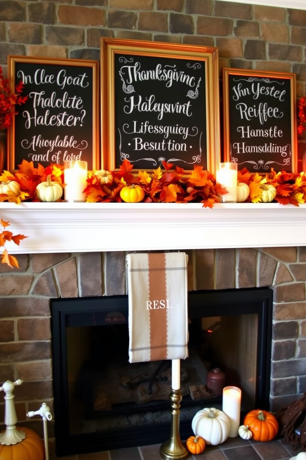 A cozy Thanksgiving mantel adorned with chalkboard art featuring festive messages. The mantel is decorated with autumn leaves, small pumpkins, and flickering candles to create a warm ambiance.