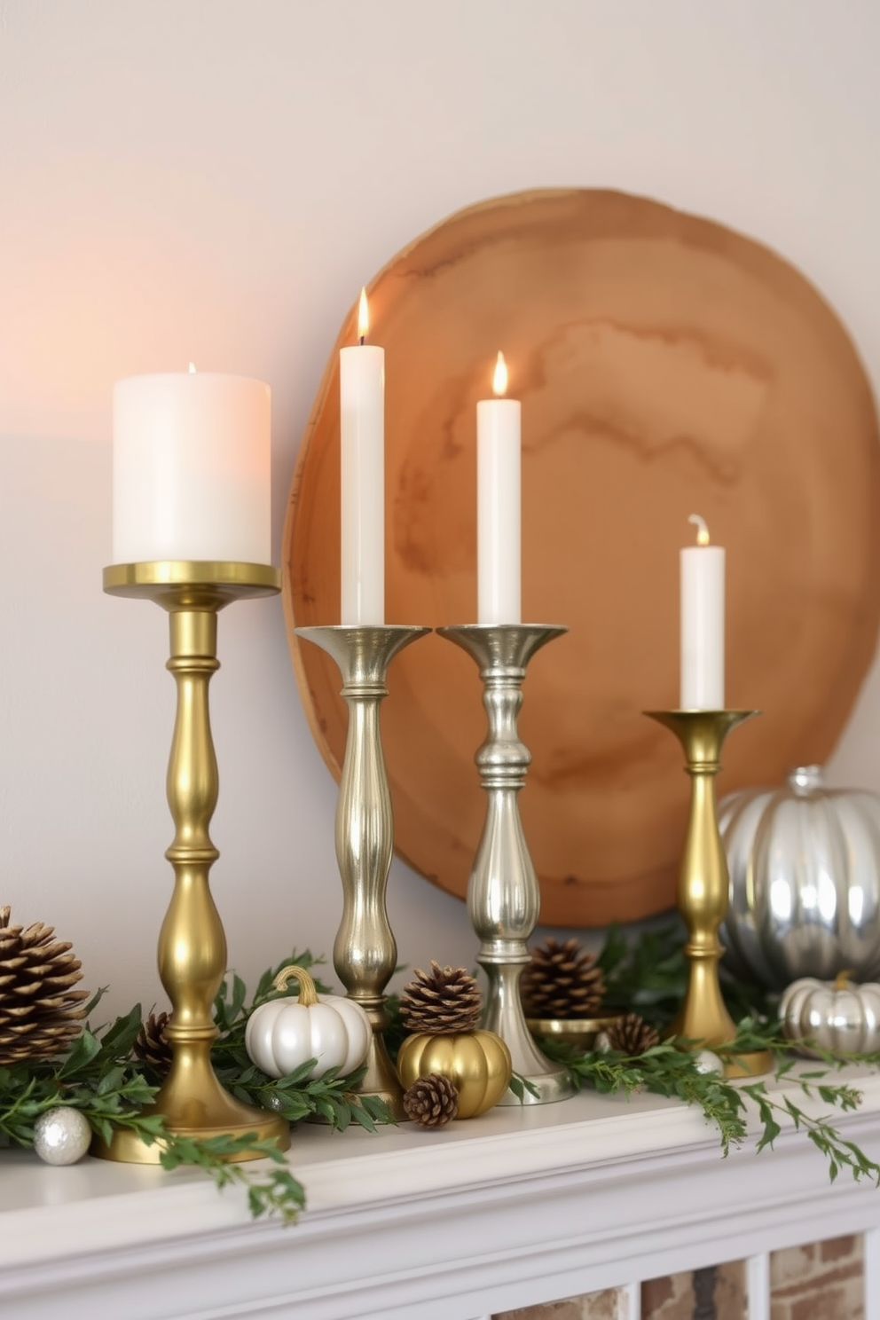 A modern mantel adorned with mixed metallic accents. Shiny gold and silver elements are combined with rustic wooden decorations, creating a warm yet contemporary Thanksgiving atmosphere. A series of elegant candle holders in varying heights are placed along the mantel, featuring a mix of brushed gold and polished silver finishes. Seasonal decorations like small pumpkins and pinecones are interspersed, adding a natural touch to the metallic theme.