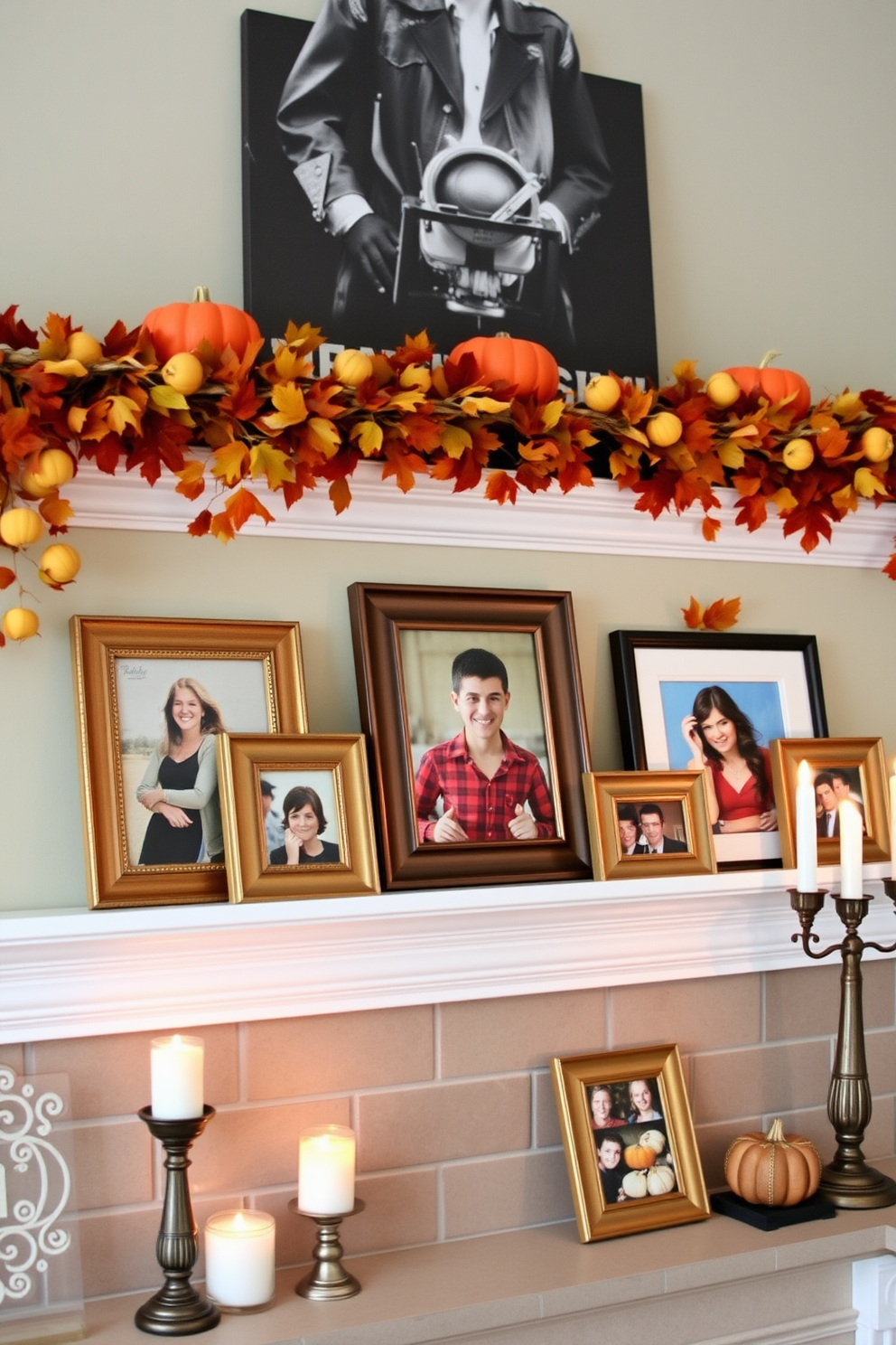 A cozy Thanksgiving mantel adorned with family photos in fall-themed frames. The frames feature warm colors like orange, red, and gold, creating a festive atmosphere. Above the mantel, a garland of autumn leaves and small pumpkins adds seasonal charm. Soft candlelight flickers from decorative holders, enhancing the inviting ambiance of the space.