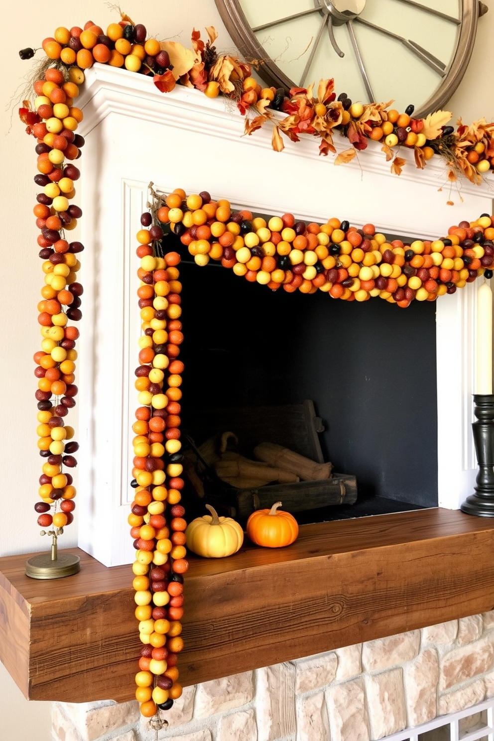 A cozy Thanksgiving mantel adorned with hanging garlands of dried fruit. The warm tones of the fruits complement the rustic wooden mantel, creating a festive and inviting atmosphere.