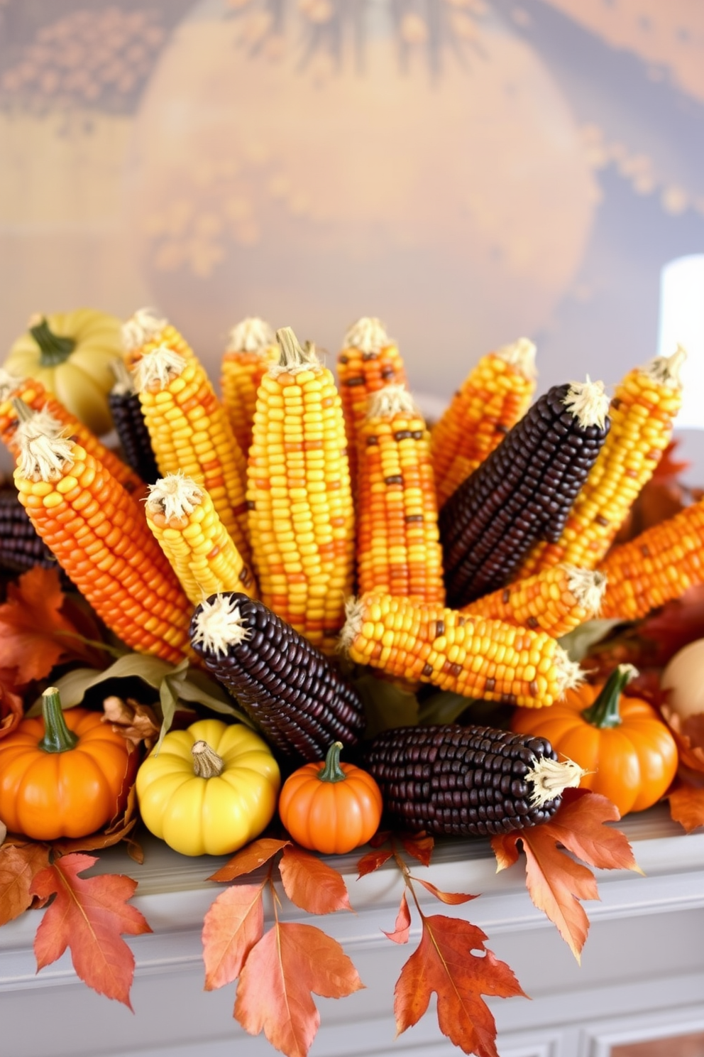 A vibrant Thanksgiving mantel decorated with a cluster of colorful corn in various shades of yellow, orange, and purple. The corn is artfully arranged alongside small pumpkins and autumn leaves, creating a festive and inviting atmosphere.