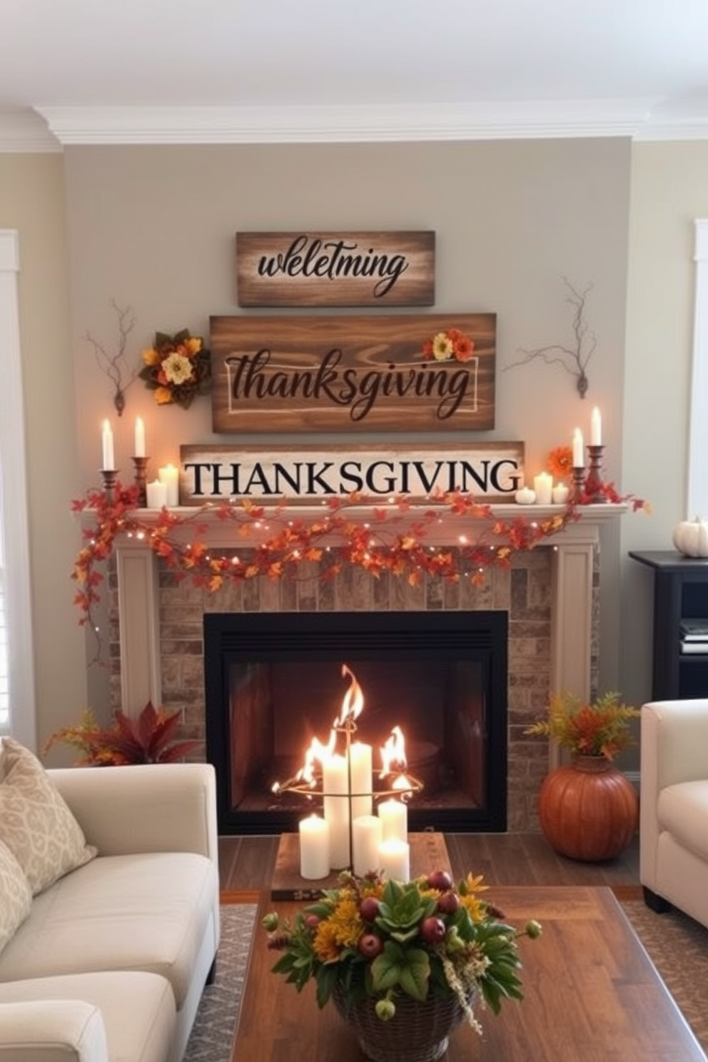 A cozy living room featuring a beautifully decorated mantel for Thanksgiving. The mantel is adorned with wooden signs displaying warm Thanksgiving greetings, surrounded by seasonal decorations like pumpkins and autumn leaves. The wooden signs are crafted in rustic styles, with rich earthy tones that complement the warm ambiance of the room. Soft, flickering candlelight adds a welcoming glow, enhancing the festive atmosphere of the Thanksgiving celebration.