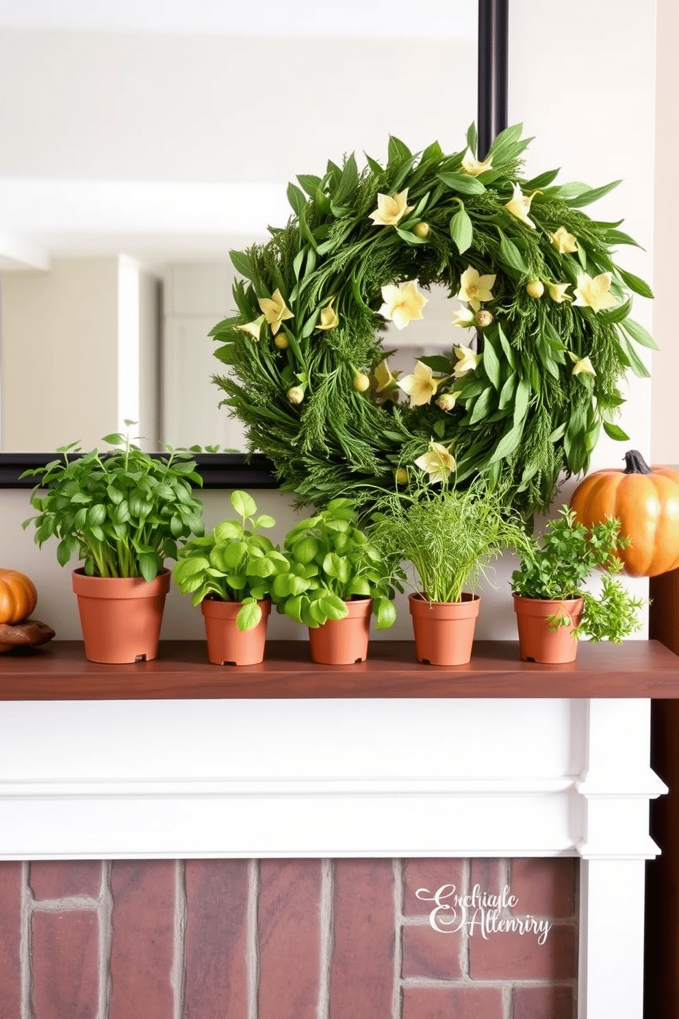 A cozy Thanksgiving mantel decorated with fresh herbs in small pots for aroma. The pots are arranged neatly along the mantel, adding a touch of greenery and a delightful scent to the space.