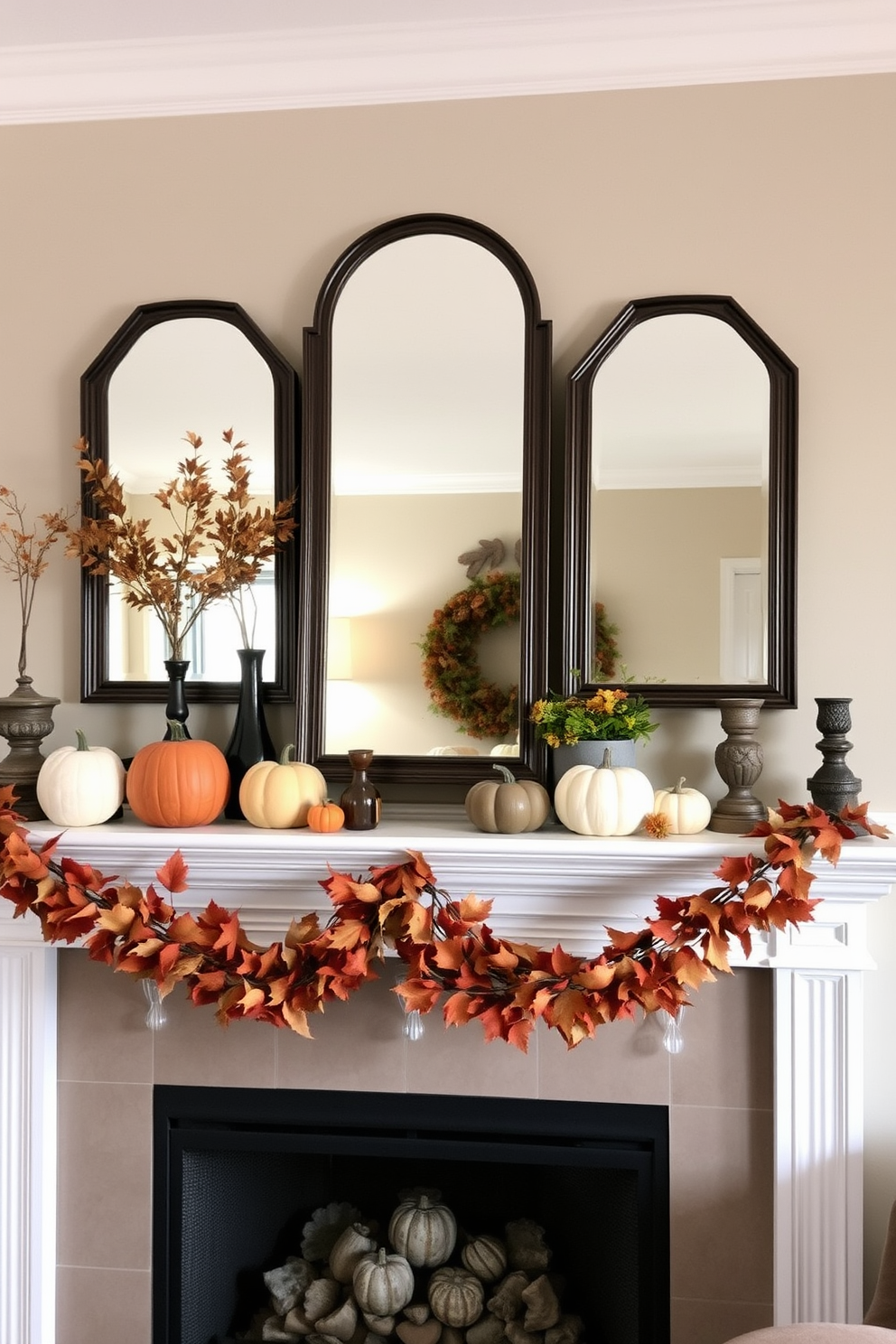 A cozy living room mantel adorned with layered mirrors that reflect the warm hues of autumn. Seasonal decor includes pumpkins, gourds, and a garland of fall leaves draped elegantly across the mantel.