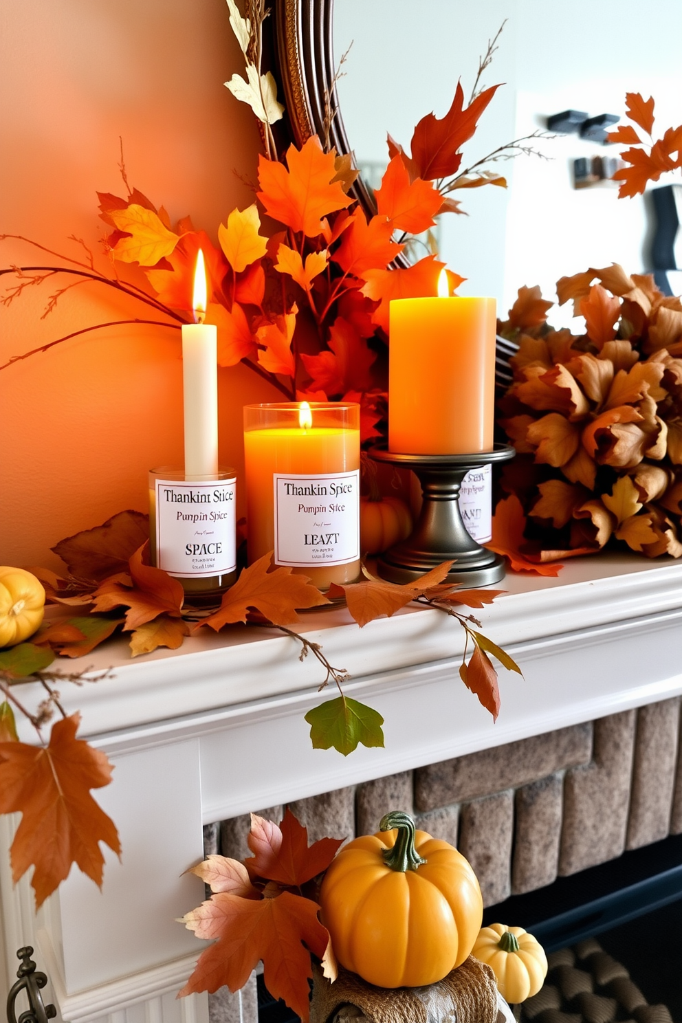 A cozy Thanksgiving mantel adorned with pumpkin spice scented candles that create a warm and inviting atmosphere. The mantel features seasonal decorations, including autumn leaves and small pumpkins, enhancing the festive ambiance.