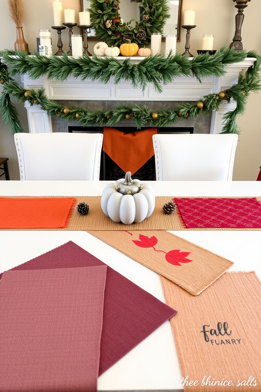 A collection of seasonal table runners in various textures and colors is displayed on a beautifully set dining table. Each runner complements the fall theme with rich hues of orange, gold, and deep red, enhancing the overall ambiance of the Thanksgiving celebration. The mantel is adorned with elegant decorations that reflect the spirit of Thanksgiving. Natural elements like pinecones and small pumpkins are artfully arranged alongside candles and garlands, creating a warm and inviting focal point for the room.