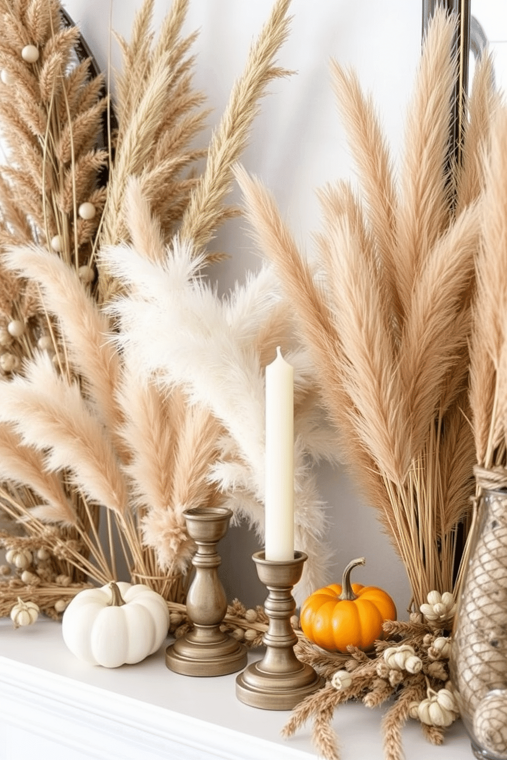 Artful arrangements of dried grasses create a warm and inviting Thanksgiving mantel. The display features a mix of textures with soft beige and golden hues, complemented by rustic candle holders and small pumpkins.