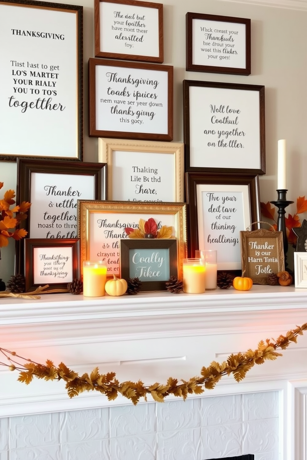 A cozy Thanksgiving mantel decorated with an assortment of decorative frames featuring heartfelt quotes about gratitude and togetherness. The mantel is adorned with autumn-themed accents such as small pumpkins, pinecones, and warm-toned candles to create a festive atmosphere. The frames are arranged in a visually pleasing manner, mixing different sizes and styles for an eclectic yet harmonious look. Soft, warm lighting enhances the charm of the display, inviting family and friends to gather and celebrate the season.