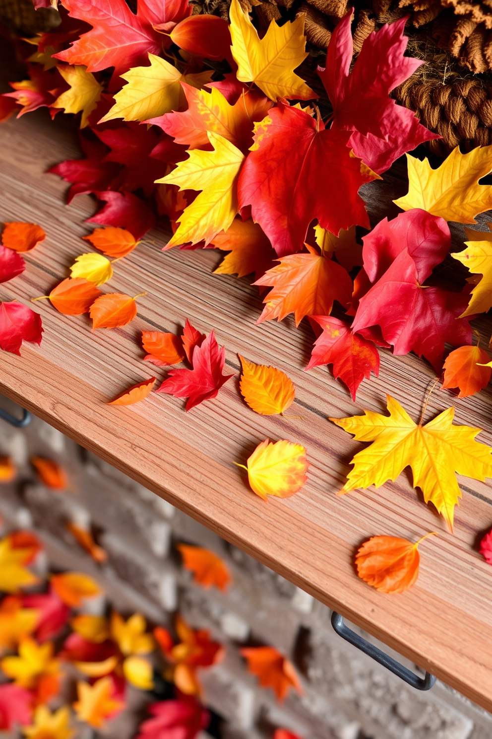 A cozy Thanksgiving mantel adorned with colorful leaves scattered across a rustic wooden surface. The vibrant hues of red, orange, and yellow leaves contrast beautifully with the warm tones of the mantel, creating an inviting autumn atmosphere.