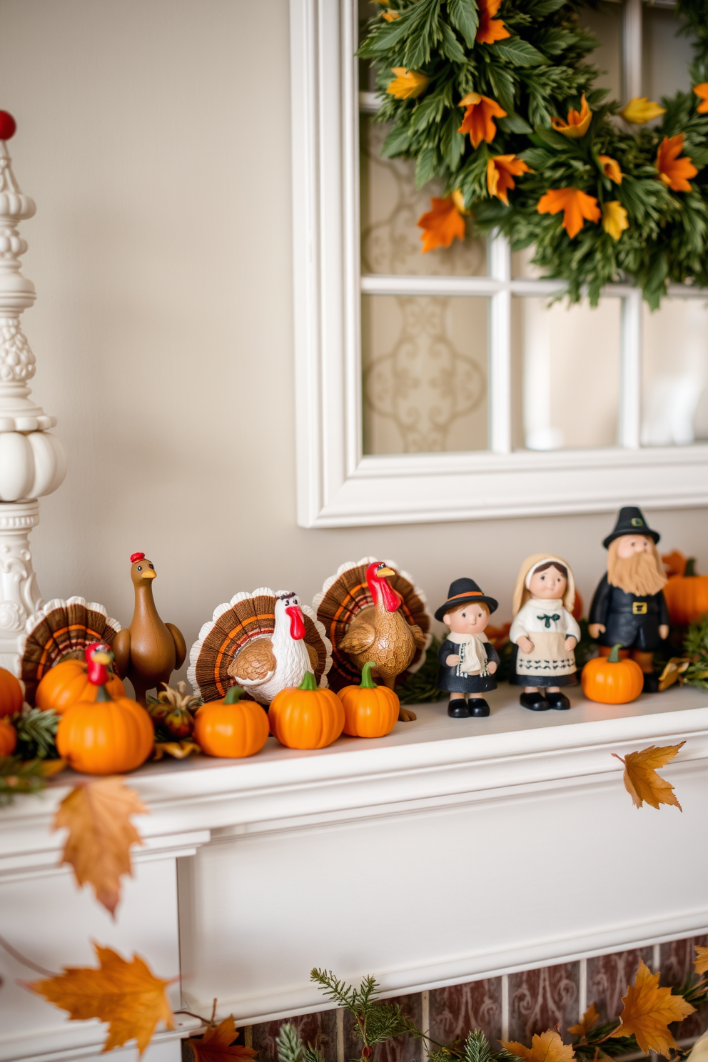 Miniature Thanksgiving-themed figurines are arranged on a beautifully decorated mantel. The figurines include turkeys, pumpkins, and pilgrims, creating a festive atmosphere that captures the spirit of the holiday.