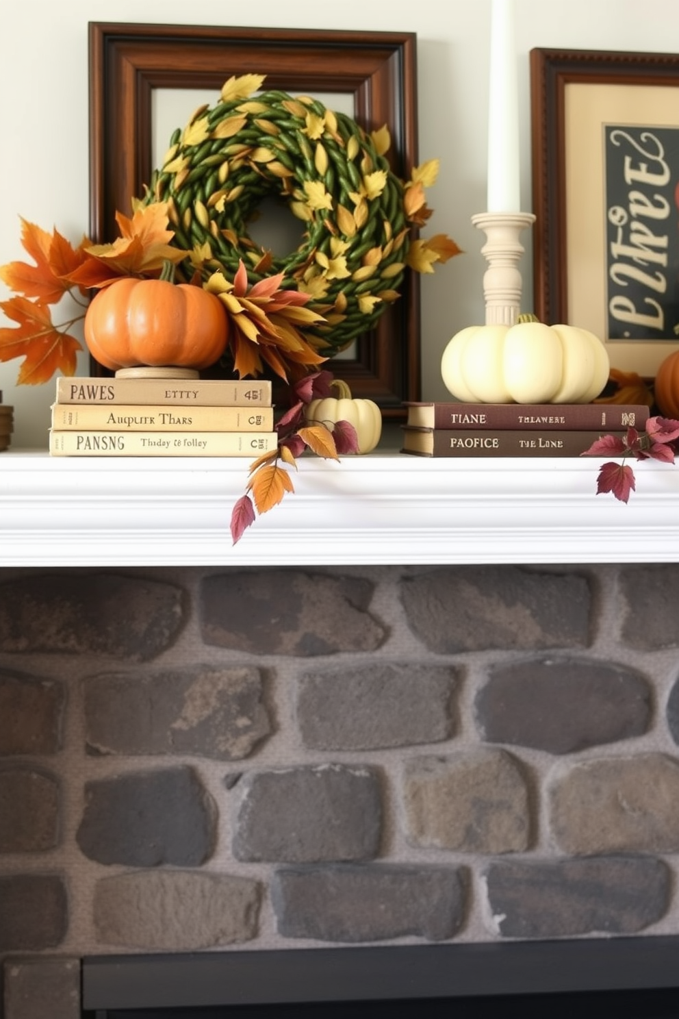 A cozy Thanksgiving mantel adorned with vintage books stacked neatly. Seasonal decor including small pumpkins and autumn leaves complements the warm hues of the mantelpiece.