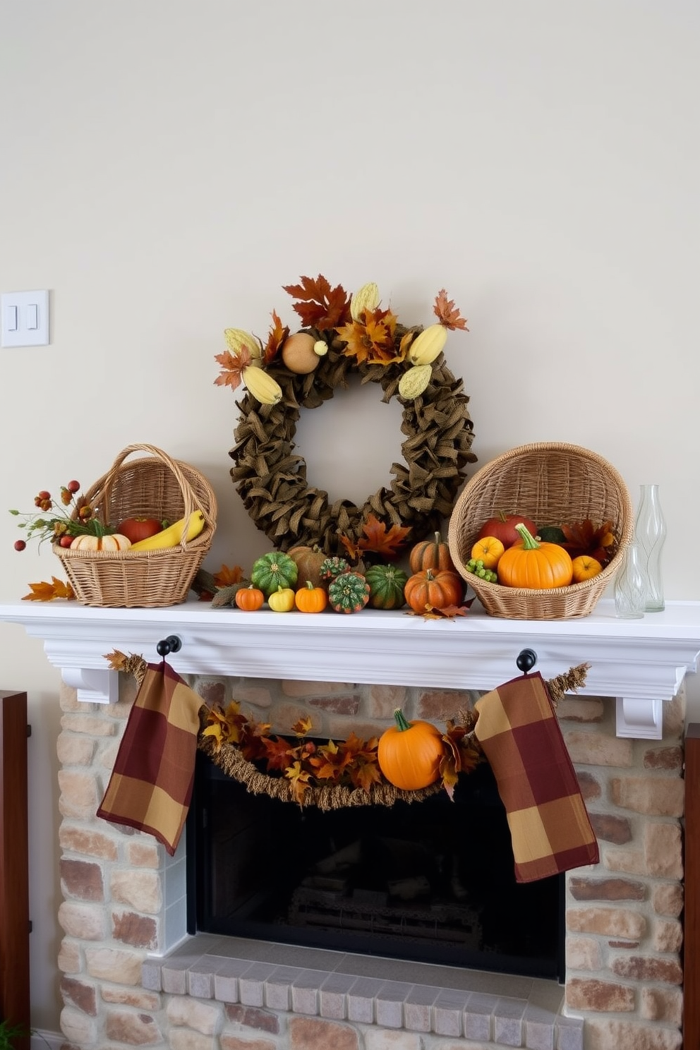 A warm and inviting Thanksgiving mantel decorated with woven baskets filled with seasonal produce. The mantel features a rustic wooden beam, adorned with autumn leaves and small pumpkins, creating a cozy holiday atmosphere.