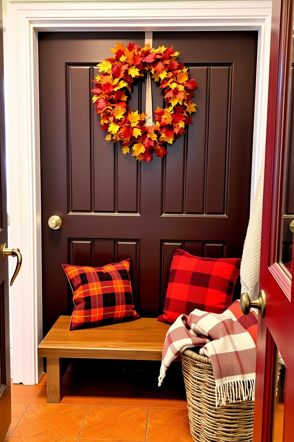 A warm autumn wreath adorns the front door, crafted from vibrant leaves and seasonal accents. The rich colors of red, orange, and yellow create a welcoming atmosphere for guests. Inside the mudroom, cozy decor elements reflect the Thanksgiving spirit. A rustic bench is complemented by plaid cushions and a basket filled with blankets for added warmth.