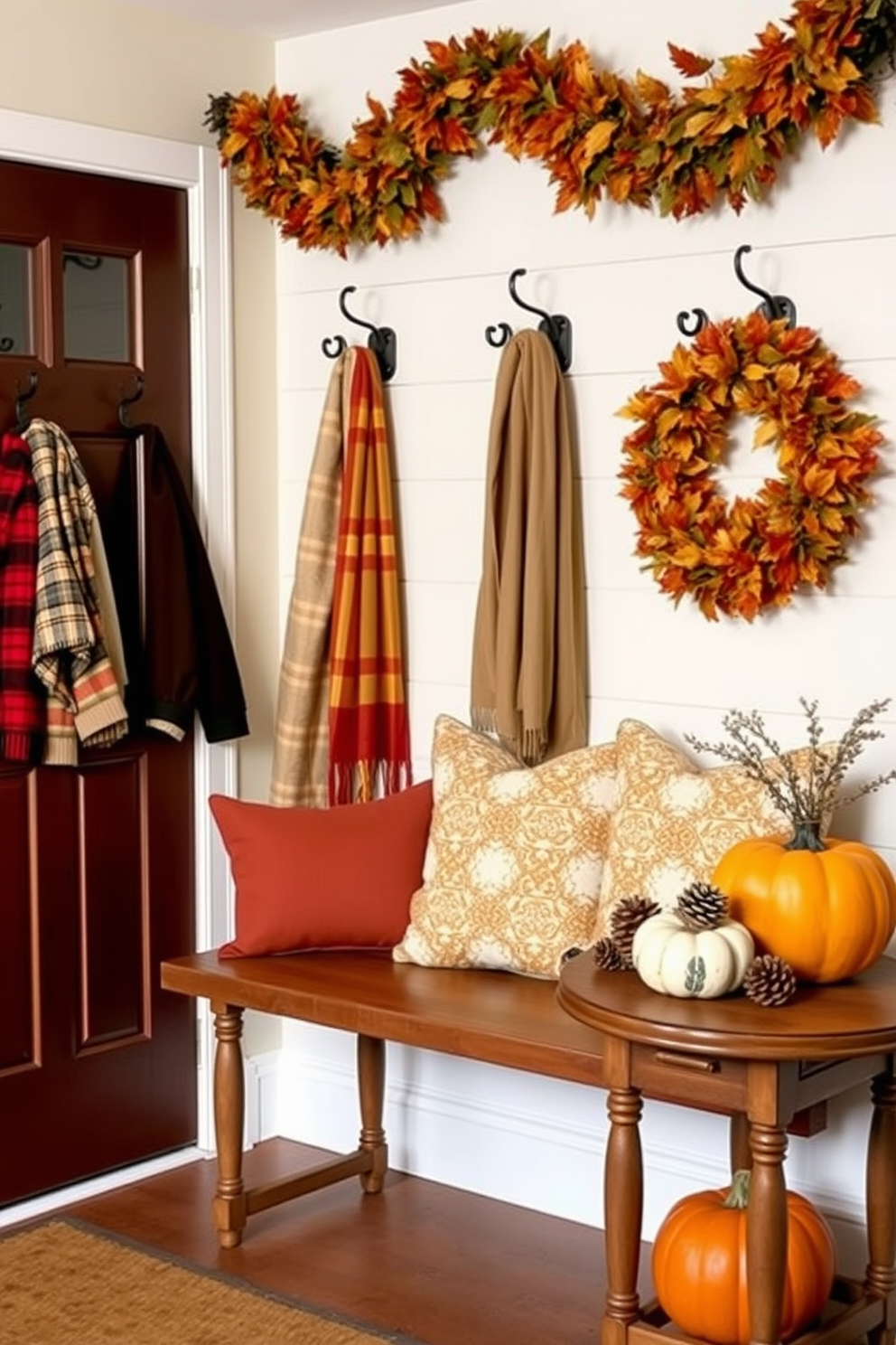 A cozy mudroom adorned for Thanksgiving. A garland of leaves drapes along the wall, complemented by rustic hooks holding seasonal jackets and scarves. A warm welcome is created with a wooden bench topped with colorful cushions. Pumpkins and pinecones are artfully arranged on a side table, adding a festive touch to the space.